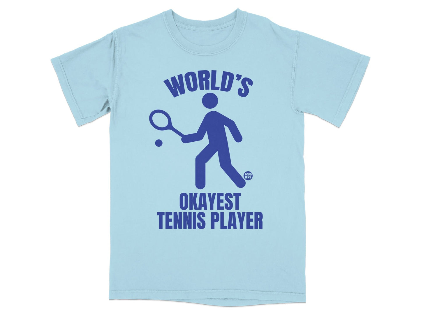 Light blue t-shirt with "World's Okayest Tennis Player" text and a tennis player graphic.