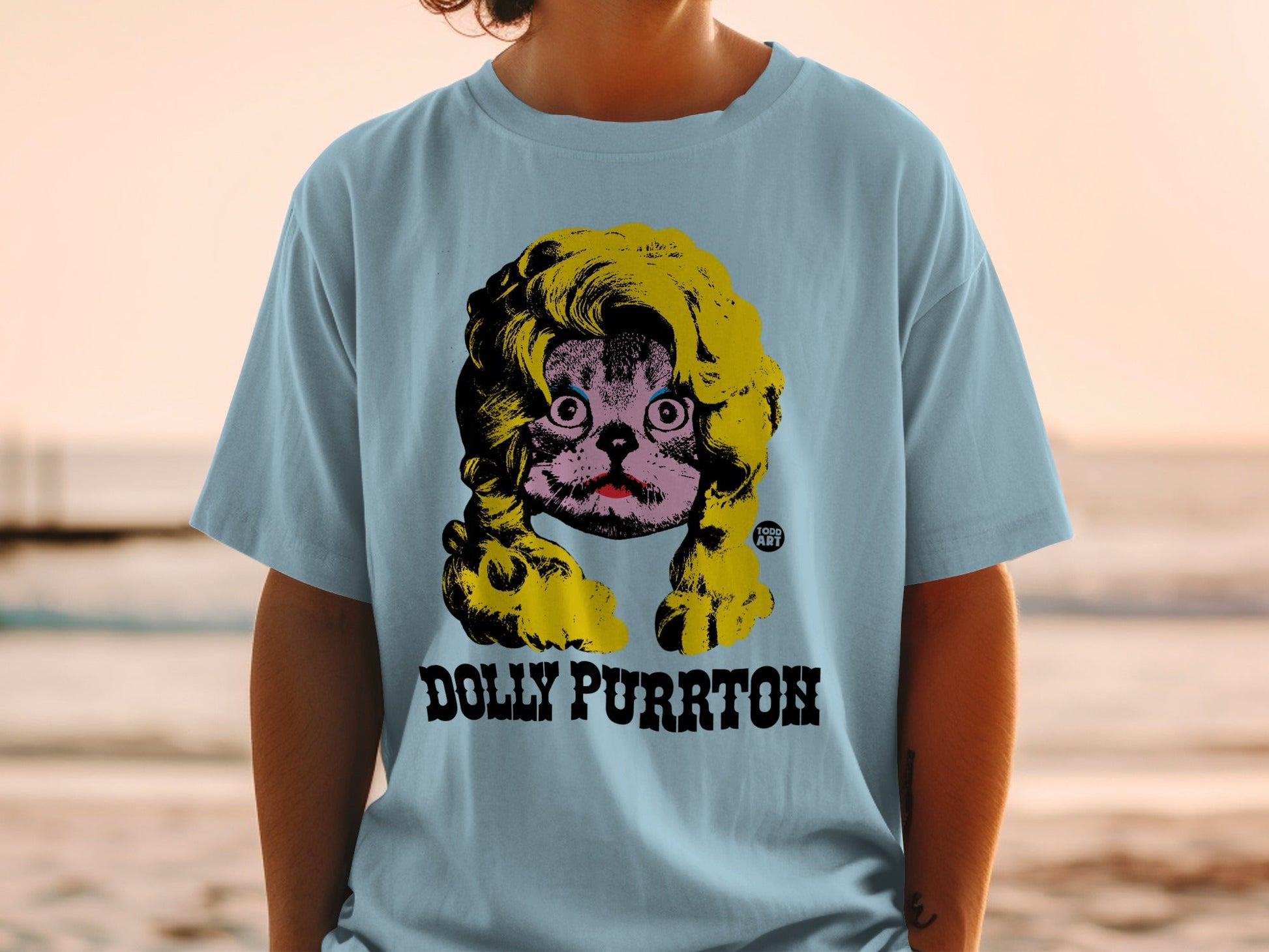 Dolly Purrton Cat Face Graphic Blue T-Shirt