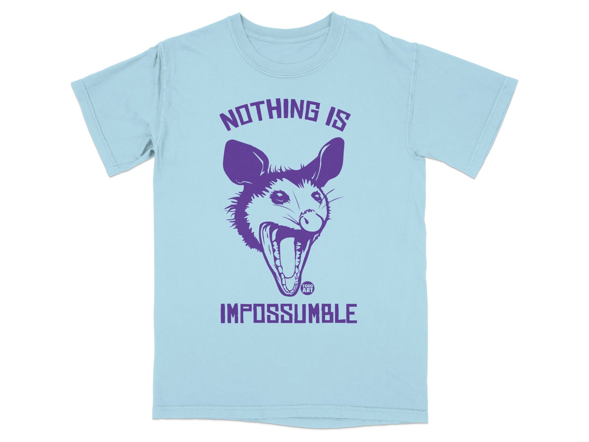 Light blue t-shirt with purple opossum graphic and text "NOTHING IS IMPOSSIBLE".