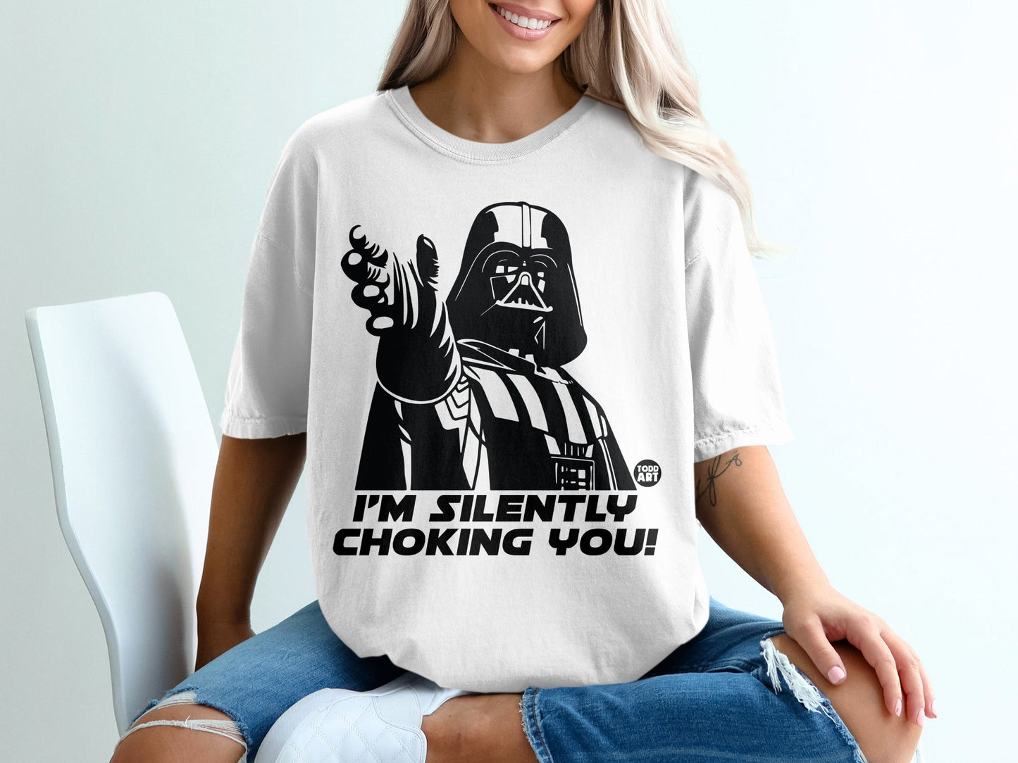 Darth Vader graphic on white t-shirt, I'M SILENTLY CHOKING YOU!