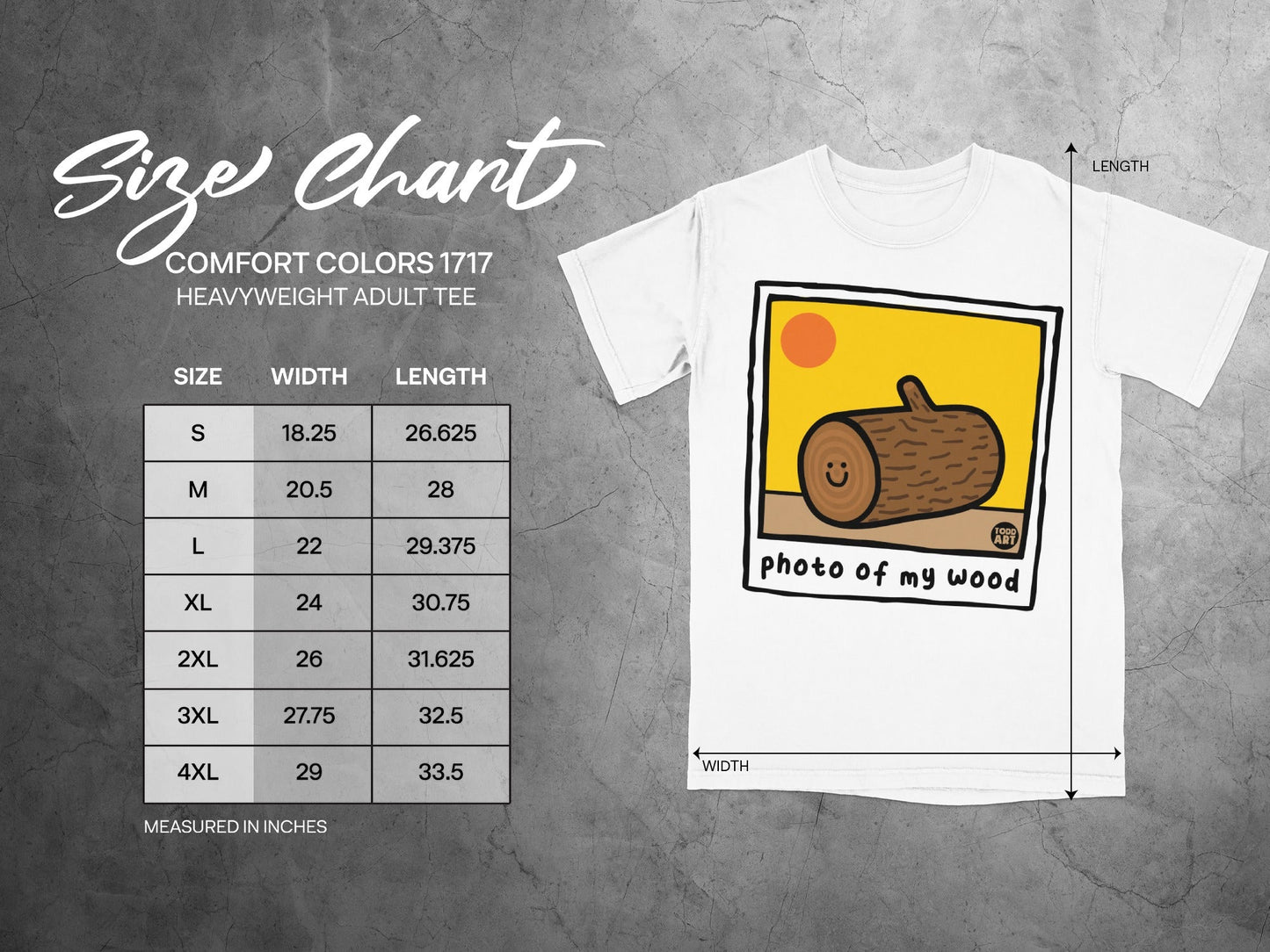 Size chart for Comfort Colors 1717 heavyweight adult tee with graphic.