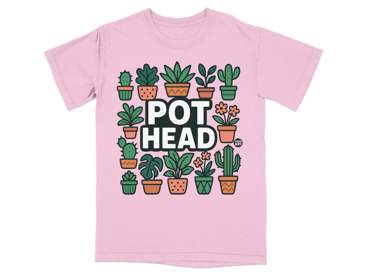 Pink t-shirt with "POT HEAD" and potted plants design.