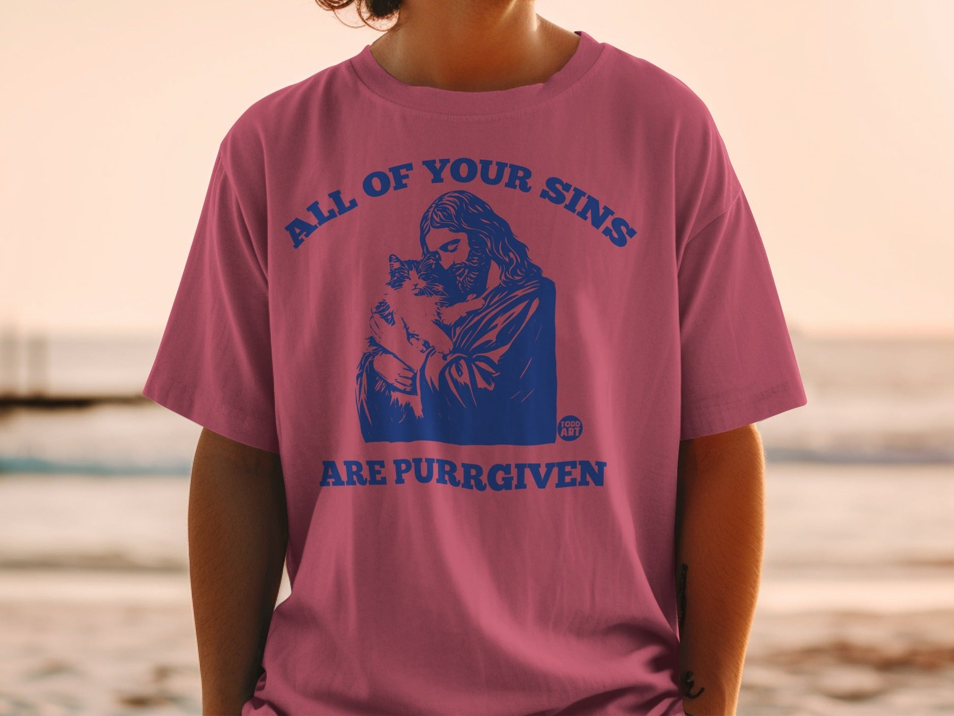 T-shirt with Jesus holding a cat, text says "All of your sins are purr-given."
