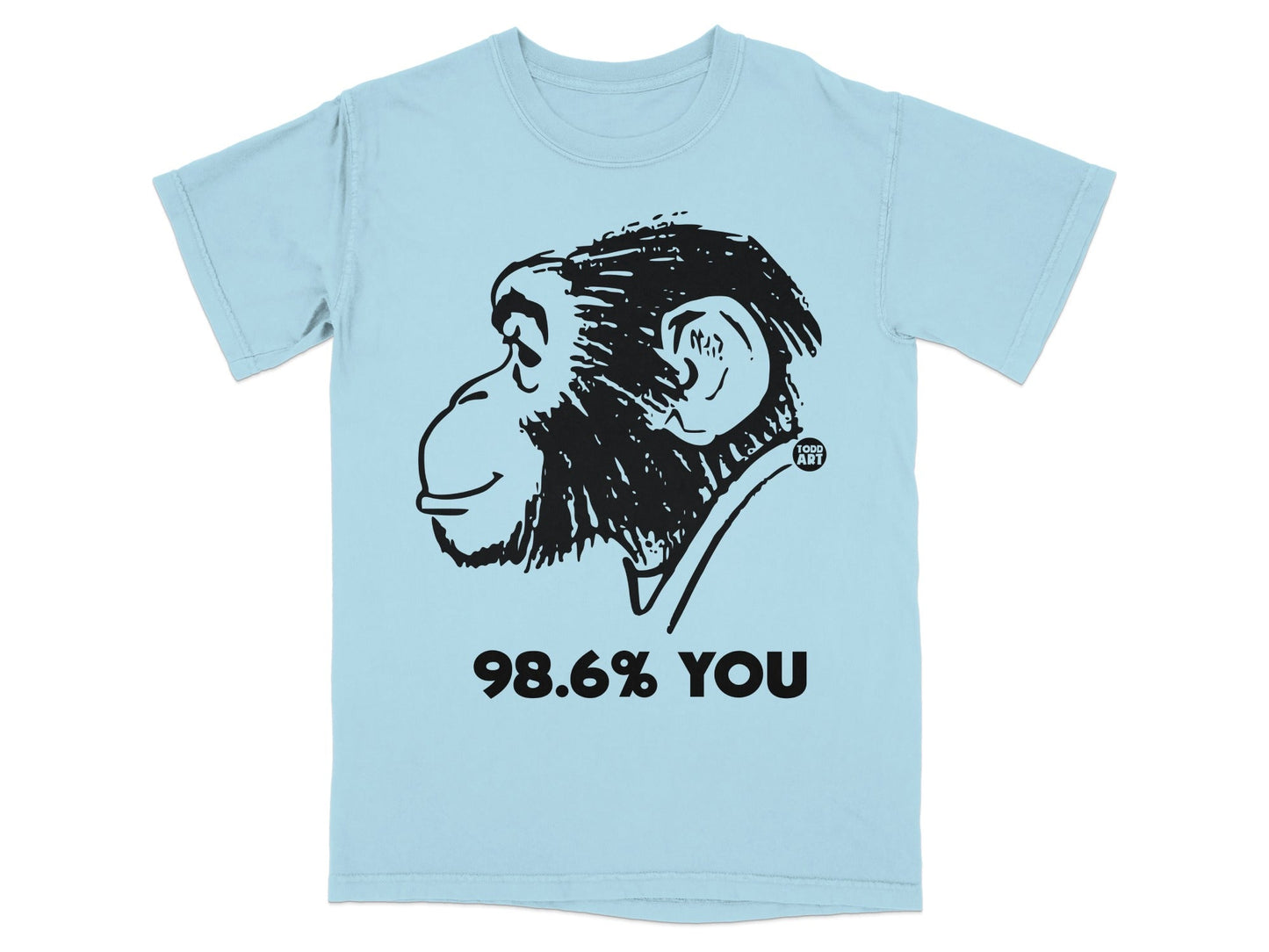 Light blue t-shirt with black monkey illustration and text "98.6% YOU".