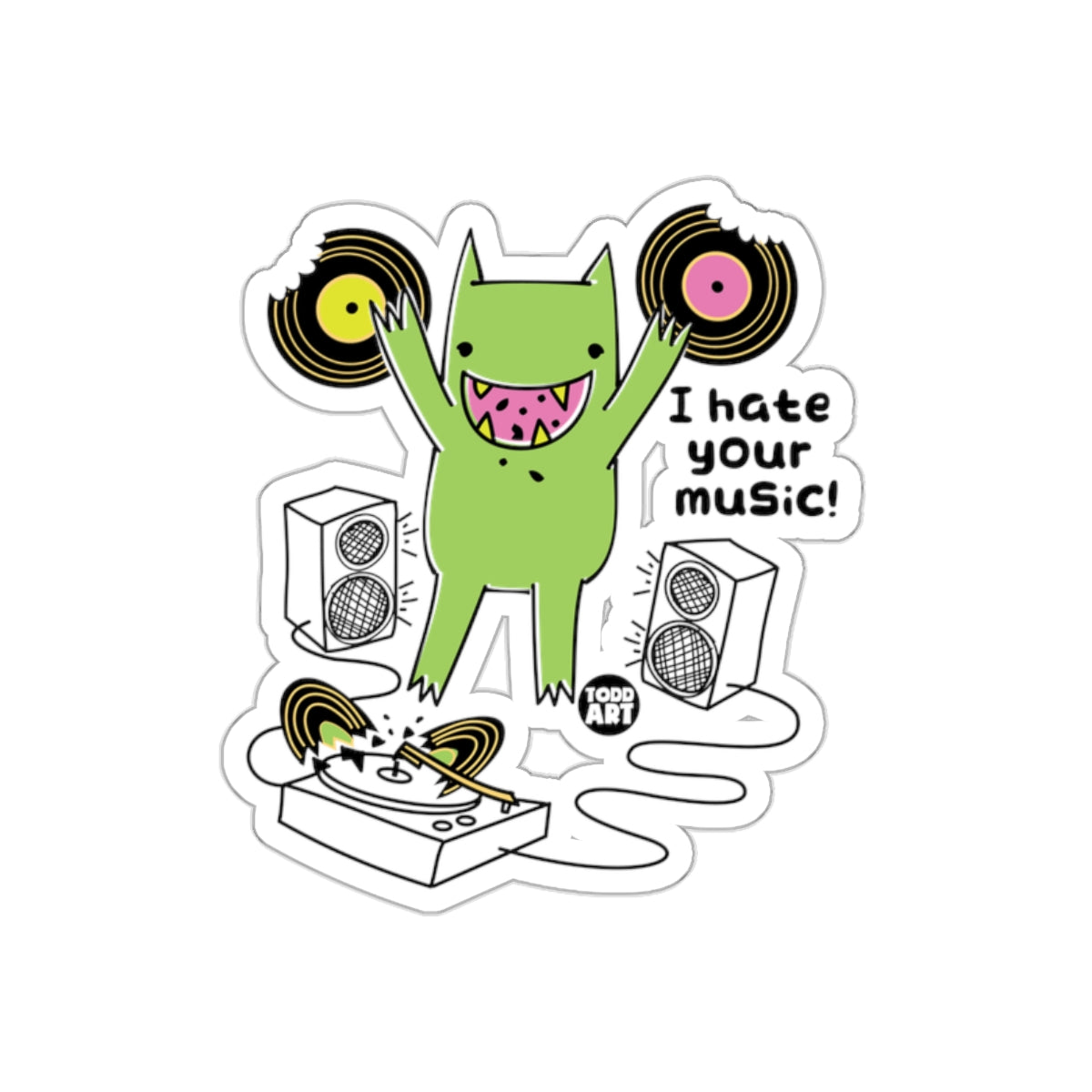 I Hate Your Music Cartoon Green Character Sticker