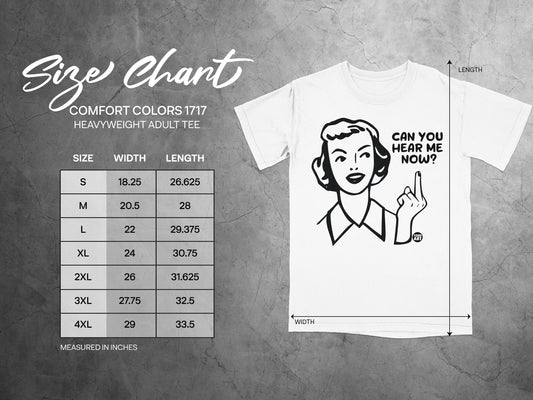 Size chart for Comfort Colors 1717 heavyweight adult tee with measurements.