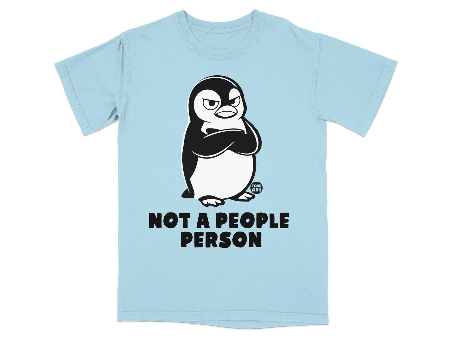 Light blue t-shirt with cartoon penguin and text "NOT A PEOPLE PERSON".