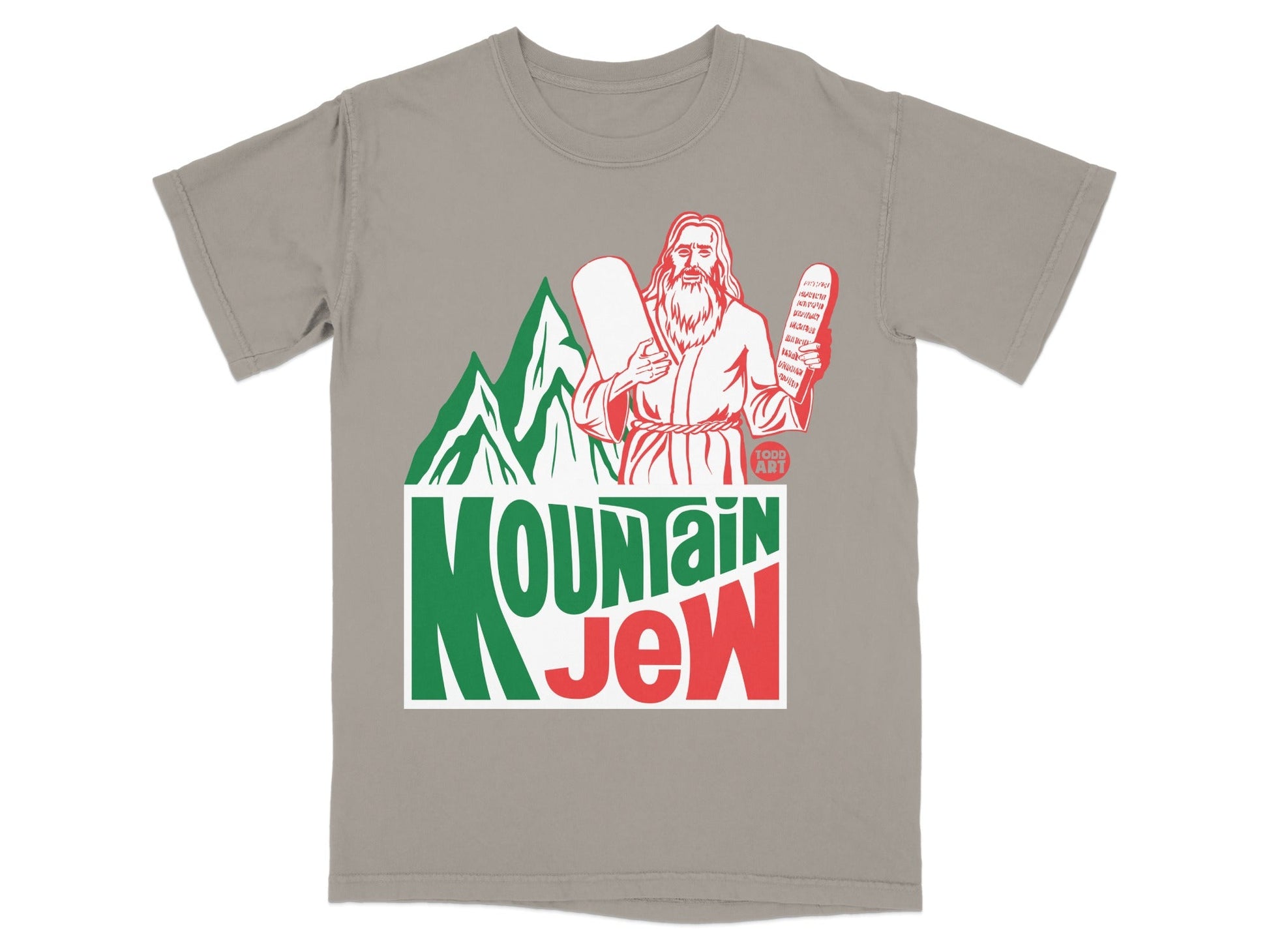 T-shirt graphic with bearded man holding tablets and "Mountain Dew" text.
