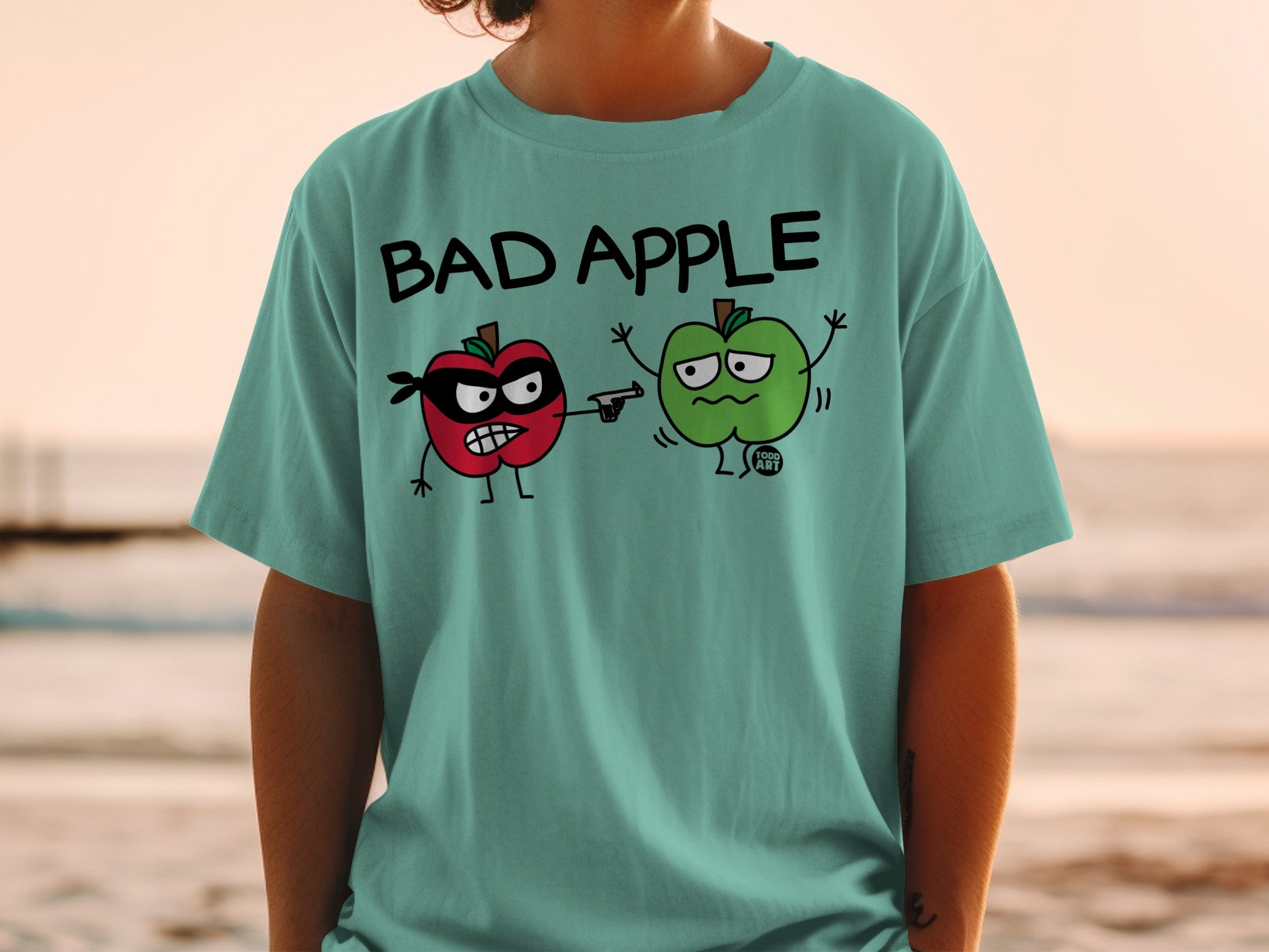 BAD APPLE Cartoon Bandit Green Apple Scared T-Shirt product
