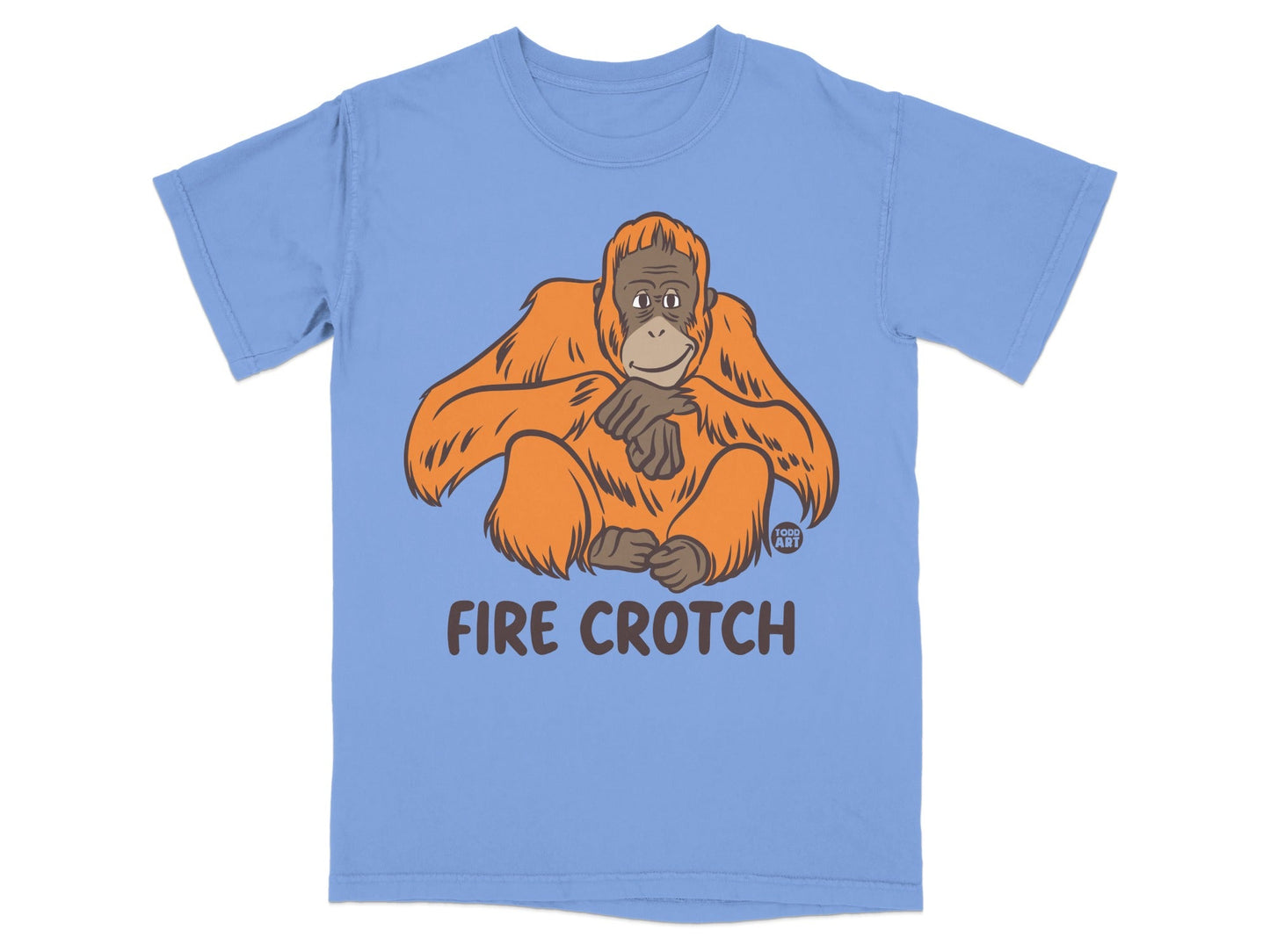 Light blue t-shirt with a cartoon orangutan and "FIRE CROTCH" text.