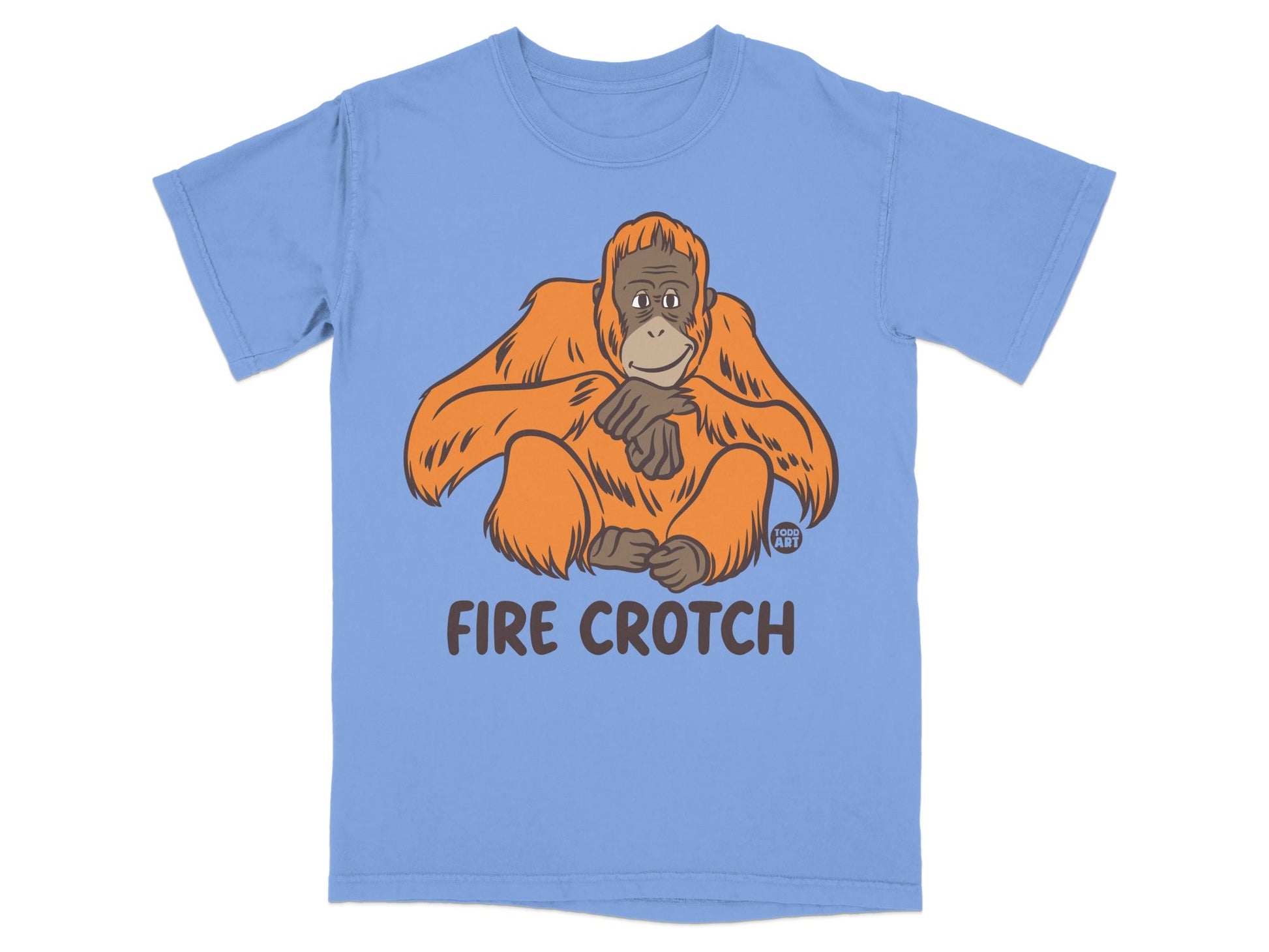 Light blue t-shirt with a cartoon orangutan and "FIRE CROTCH" text.