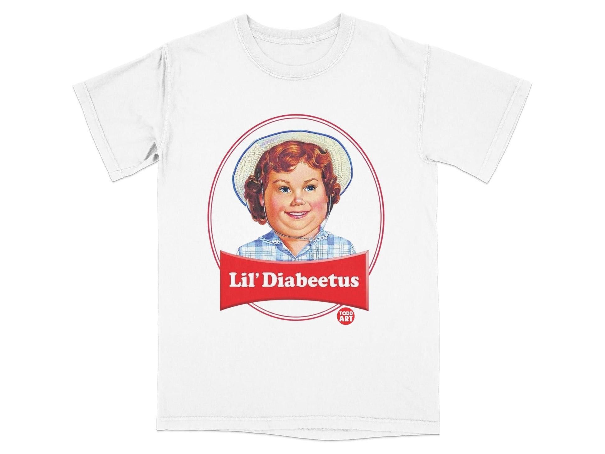 White t-shirt with red circular logo featuring a girl's face and "Lil' Diabeetus" text.