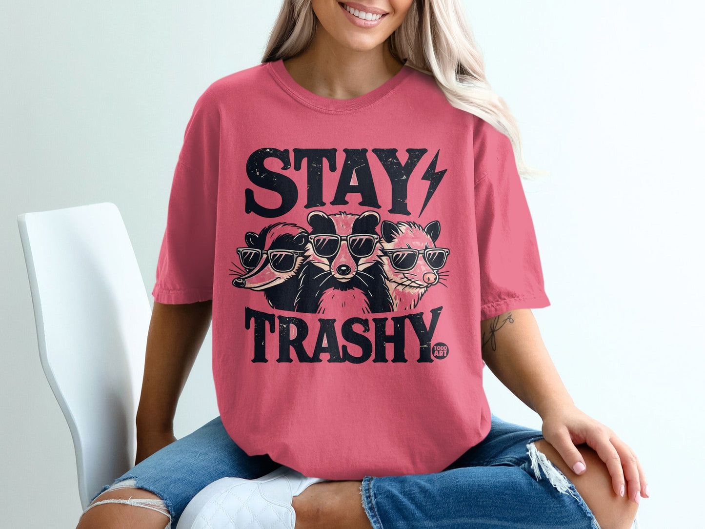 Three badgers wearing sunglasses with "STAY TRASHY." text.