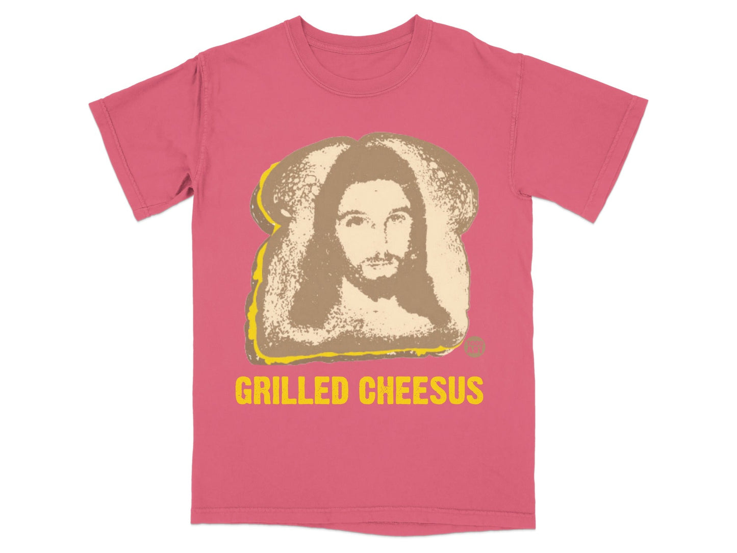 Pink t-shirt with a graphic of Jesus on toast and the text "GRILLED CHEESUS".