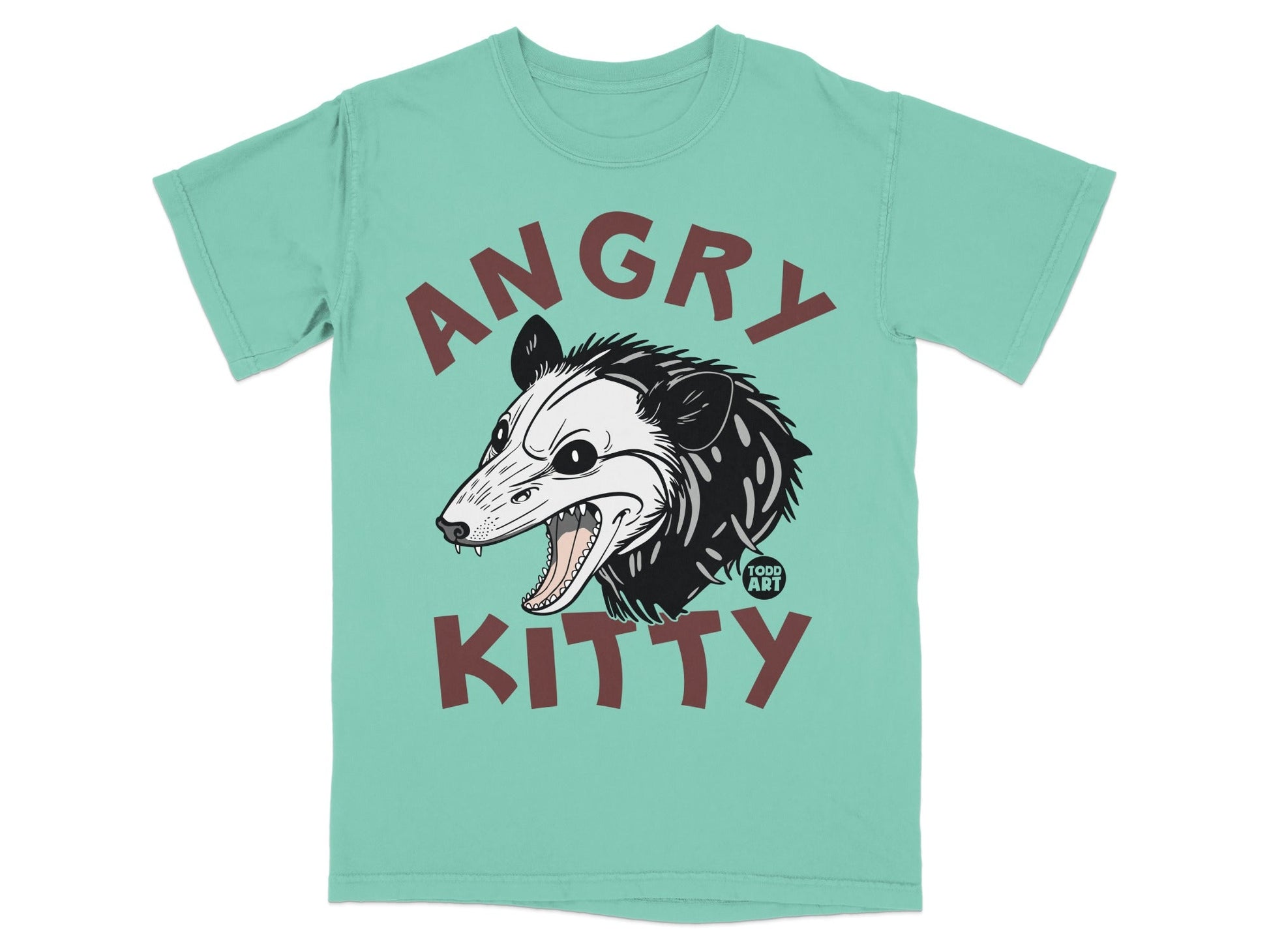Teal t-shirt with an angry possum and "Todd Art" logo.