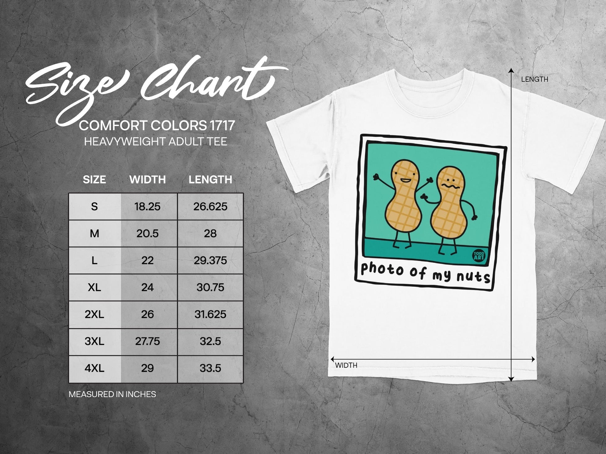 Size chart for Comfort Colors 1717 heavyweight adult tee with cartoon peanuts graphic.