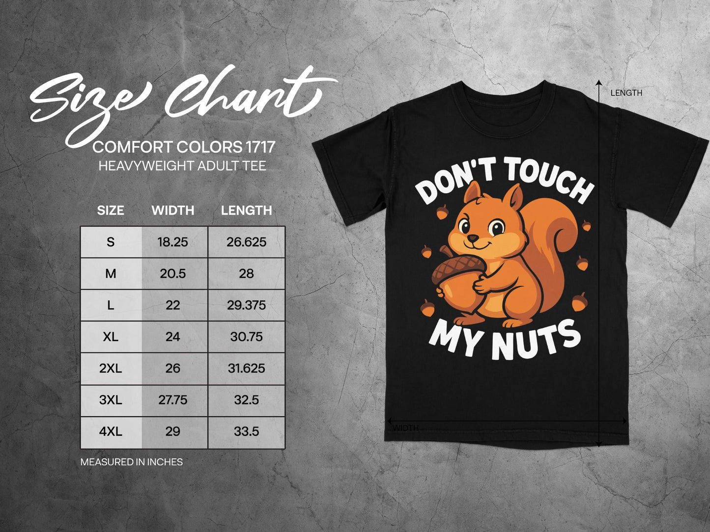 Size chart for Comfort Colors 1717 heavyweight adult tee with a cartoon squirrel graphic.