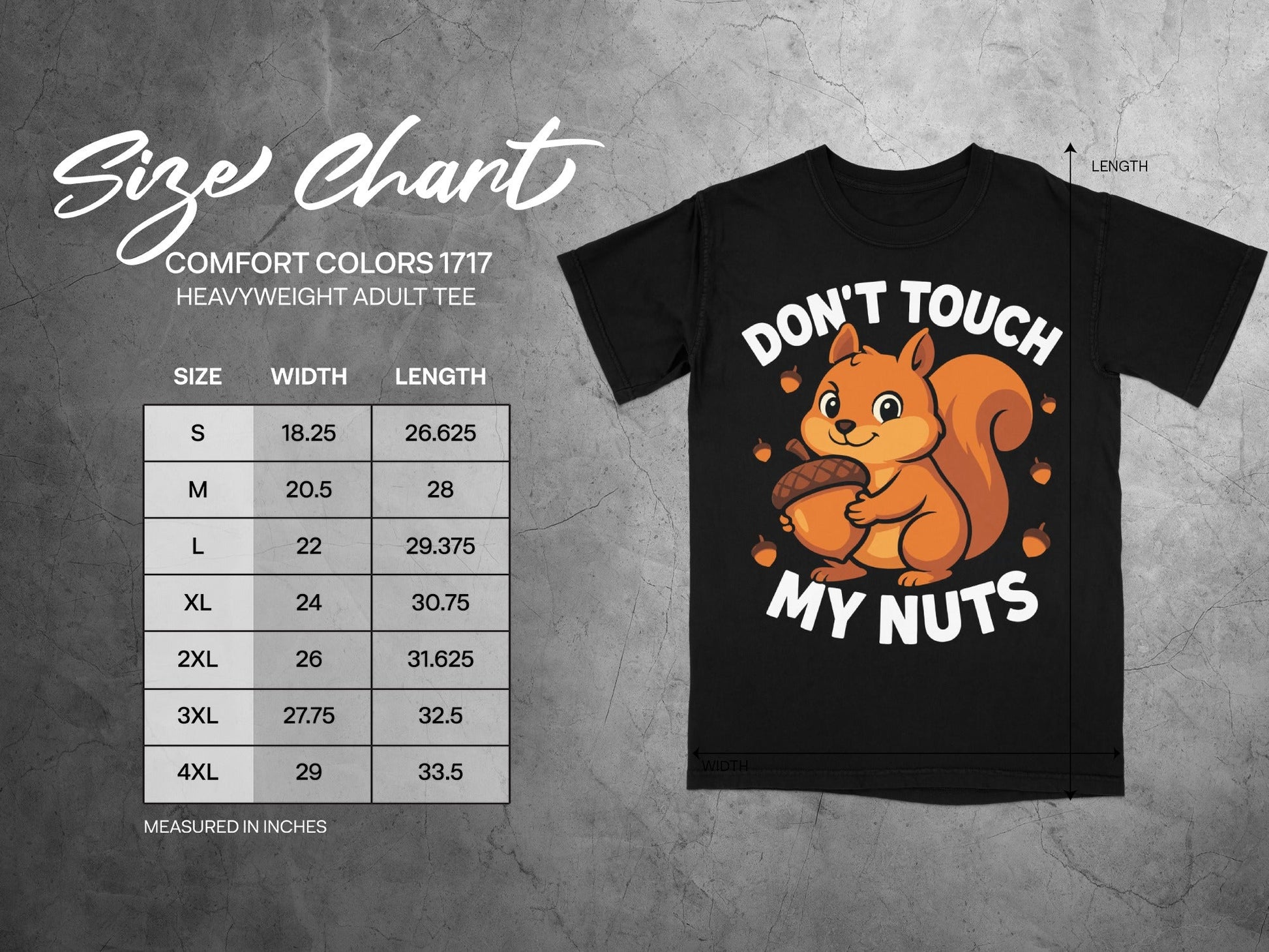 Size chart for Comfort Colors 1717 heavyweight adult tee with a cartoon squirrel graphic.