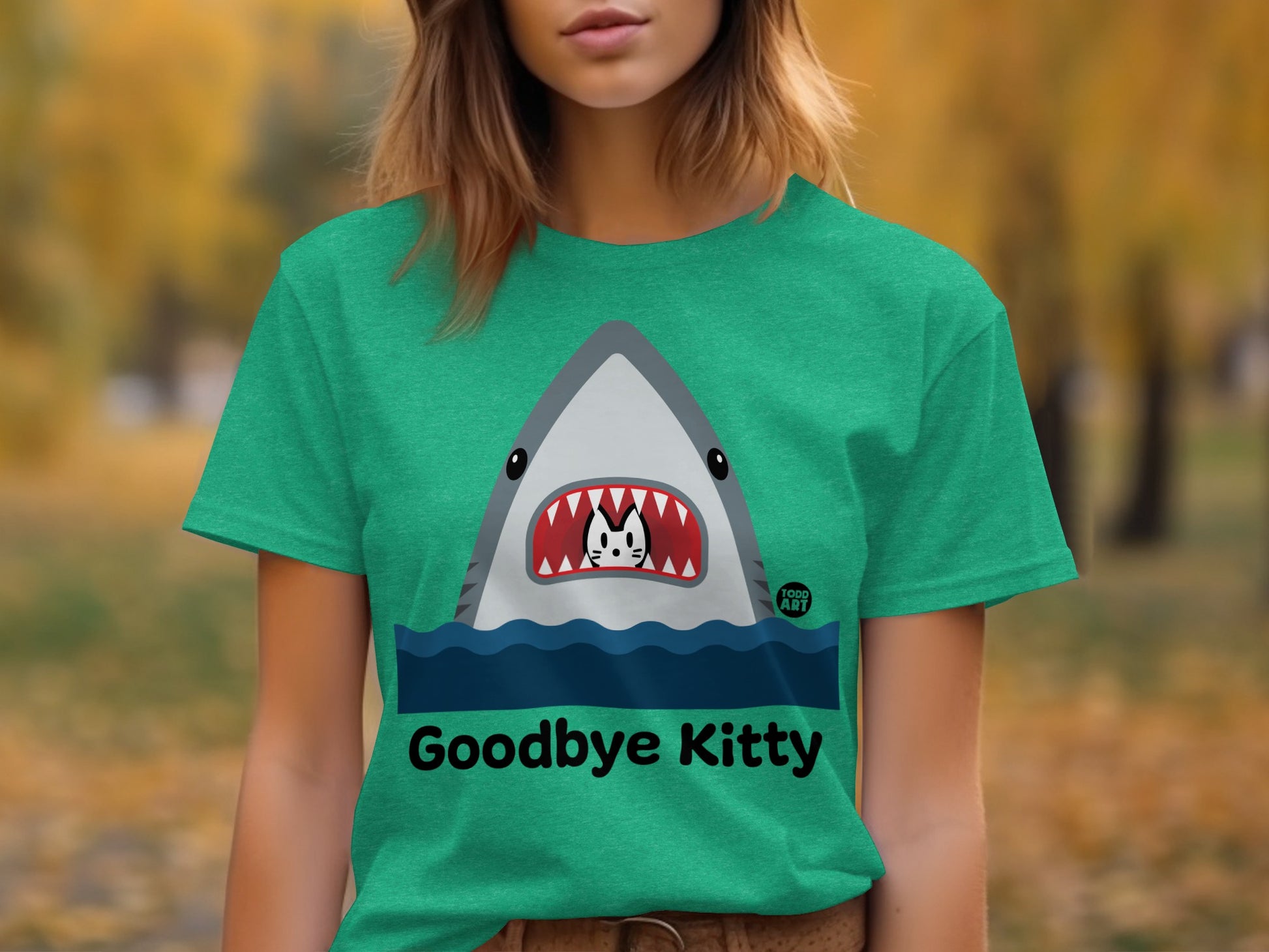 Playful Green Goodbye Kitty Shark Graphic Tee