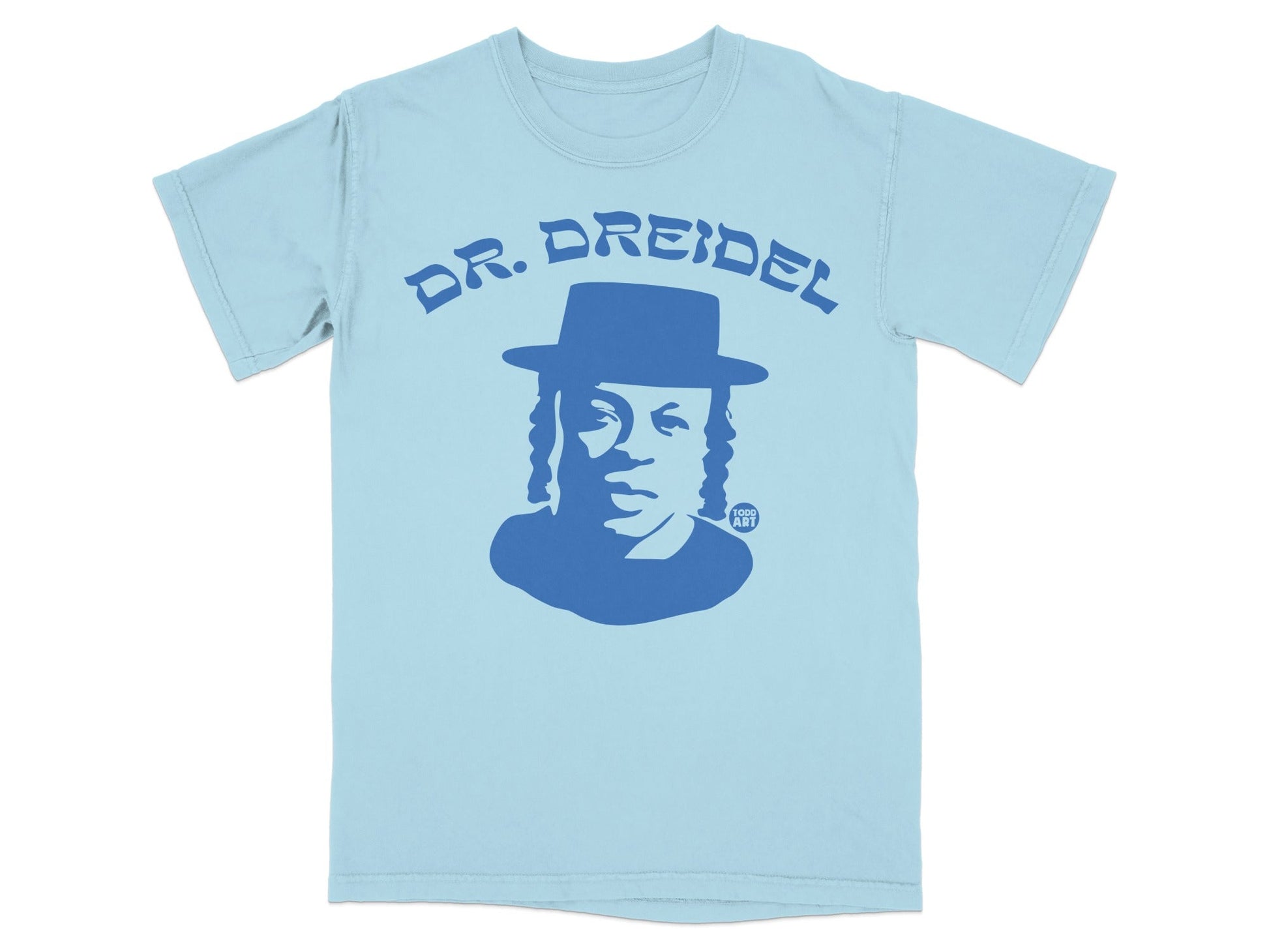 Light blue t-shirt with blue graphic of a man wearing a hat and "Dr. Dreidel" text.
