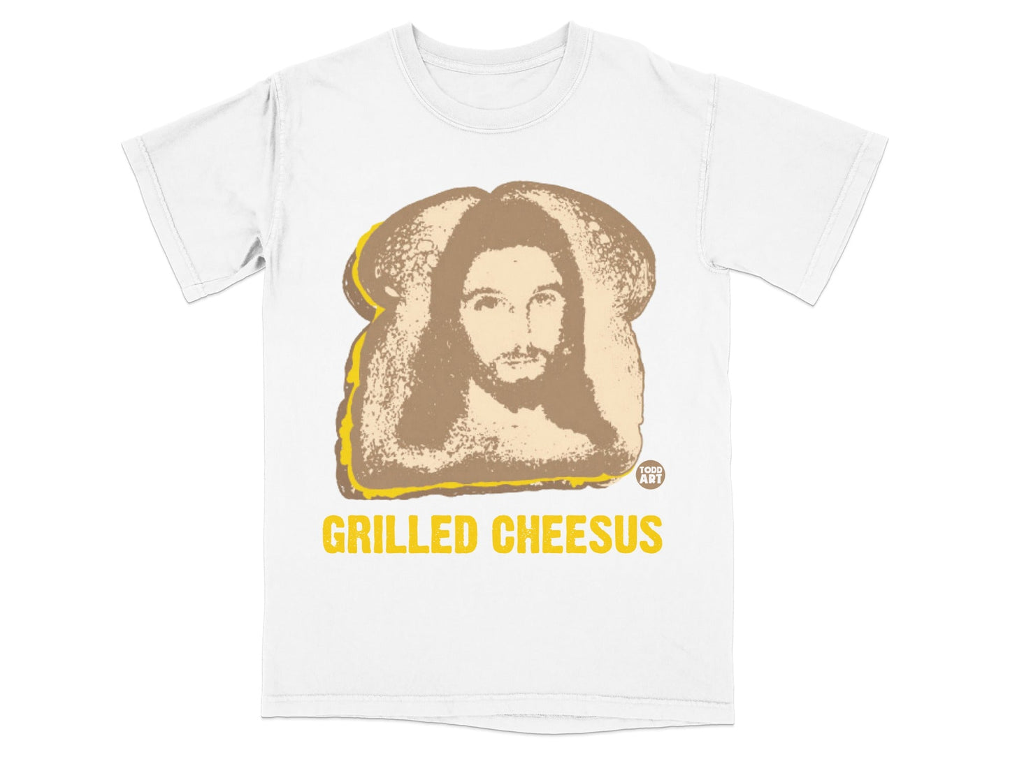 T-shirt featuring a grilled cheese sandwich with Jesus' face and "Grilled Cheesus" text.