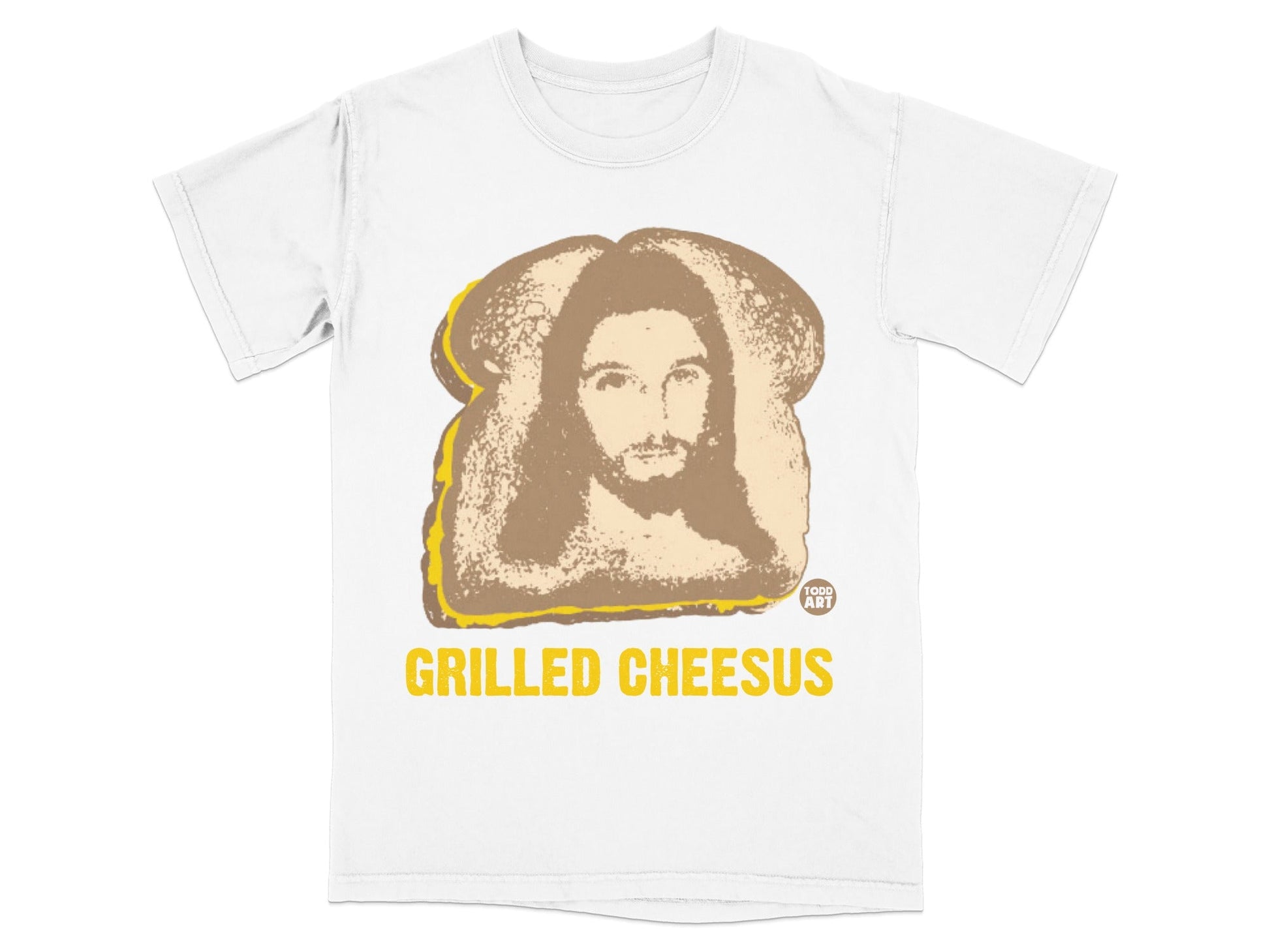 T-shirt featuring a grilled cheese sandwich with Jesus' face and "Grilled Cheesus" text.