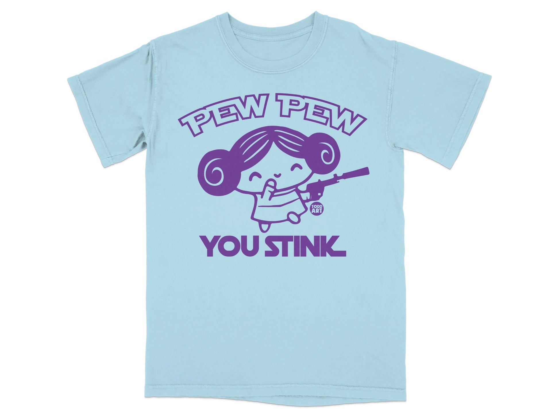 Light blue t-shirt with "Pew Pew You Stink" text and cartoon girl holding a gun.