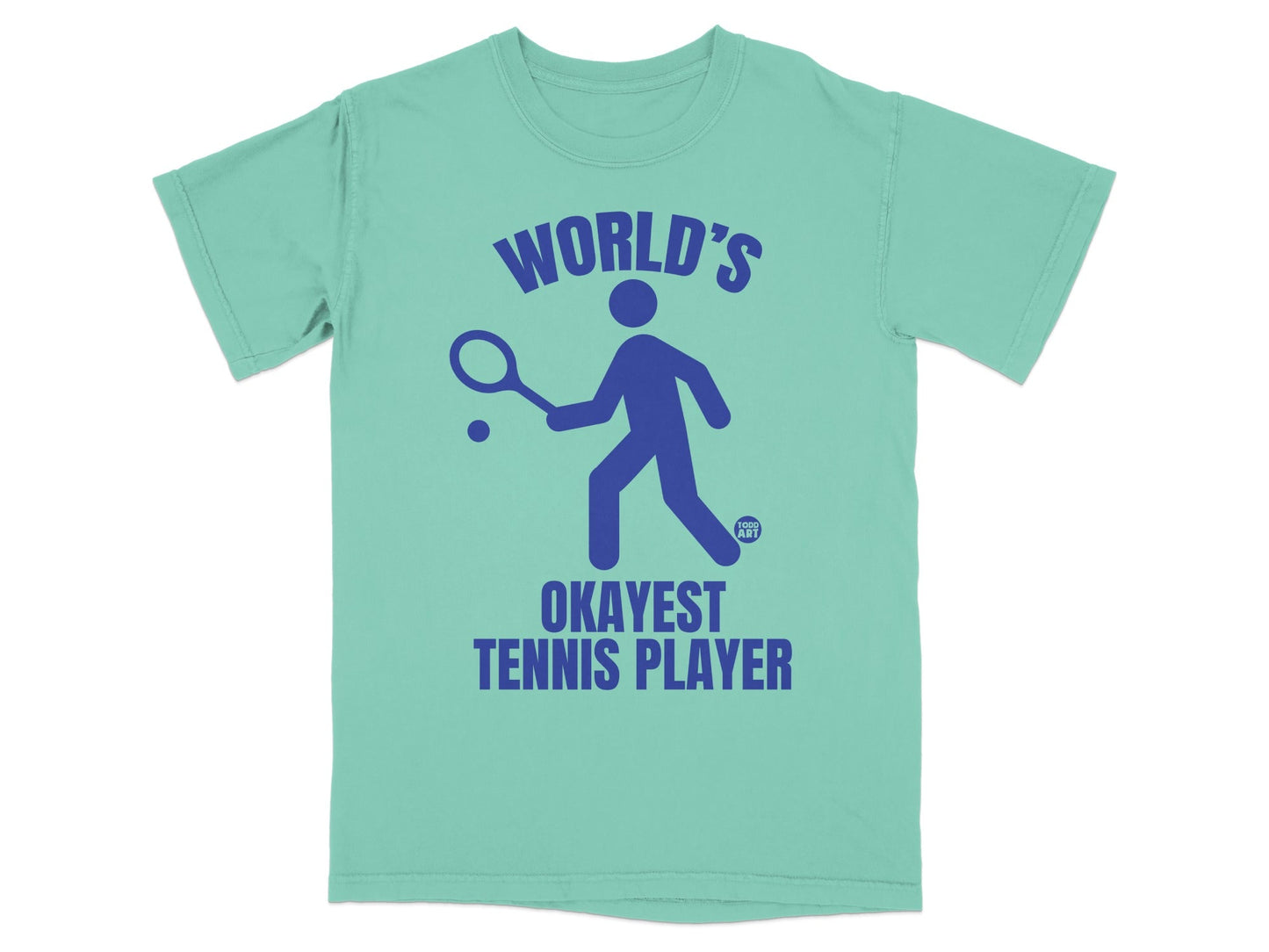 Teal t-shirt with a blue tennis player silhouette and "WORLD'S OKAYEST TENNIS PLAYER" text.