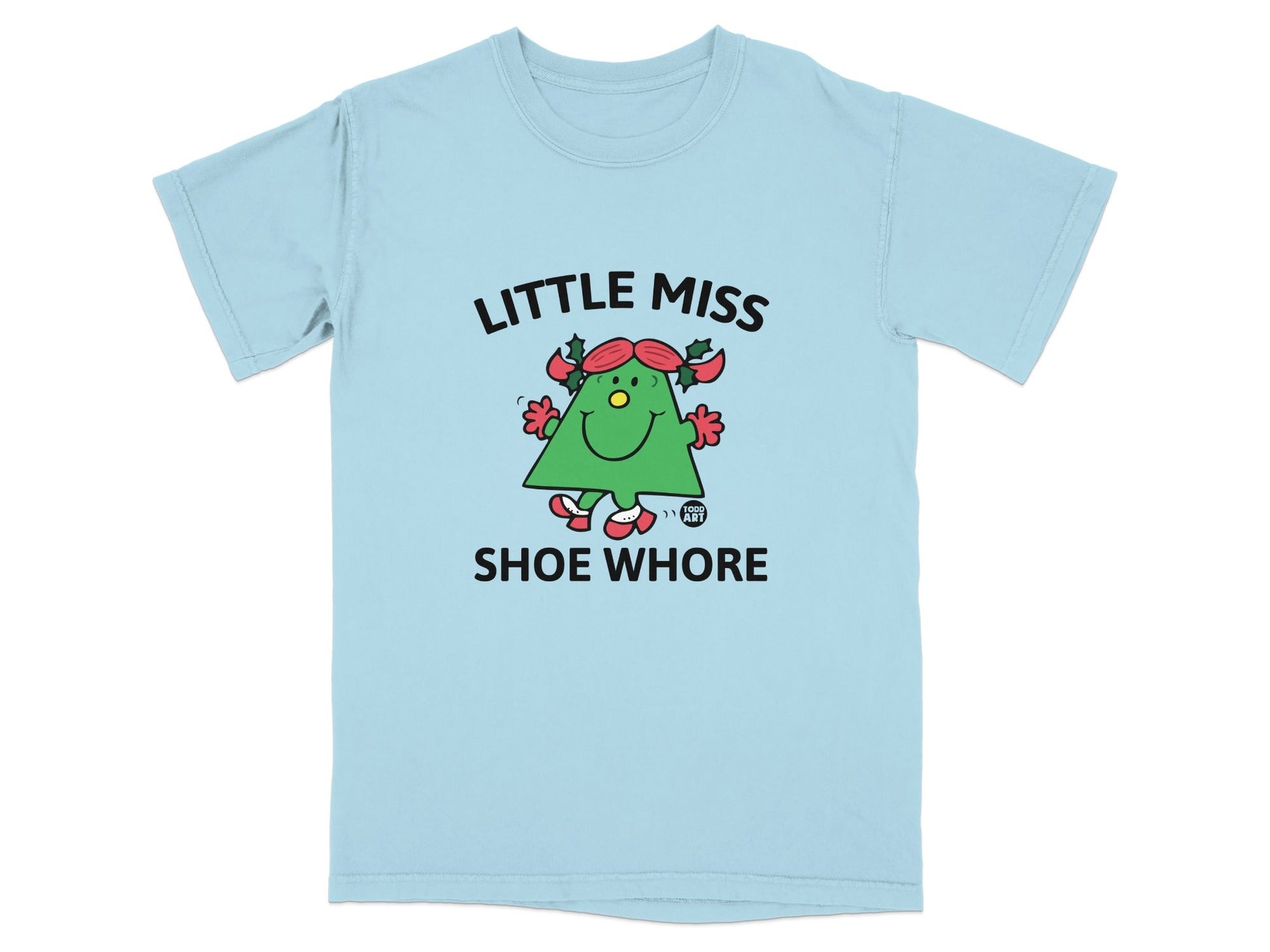 Light blue t-shirt with cartoon Christmas tree wearing red shoes and text "LITTLE MISS SHOE WHORE".