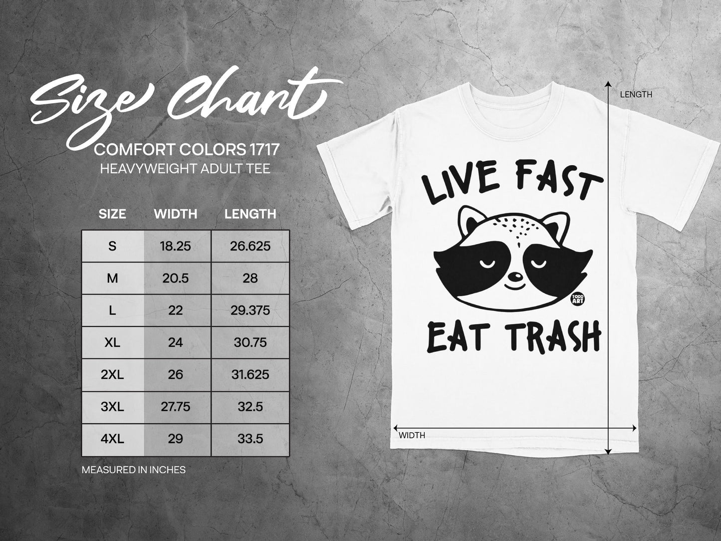 Size chart for Comfort Colors 1717 heavyweight adult tee with raccoon graphic.