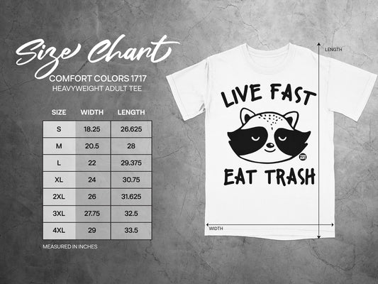 Size chart for Comfort Colors 1717 heavyweight adult tee with raccoon graphic.