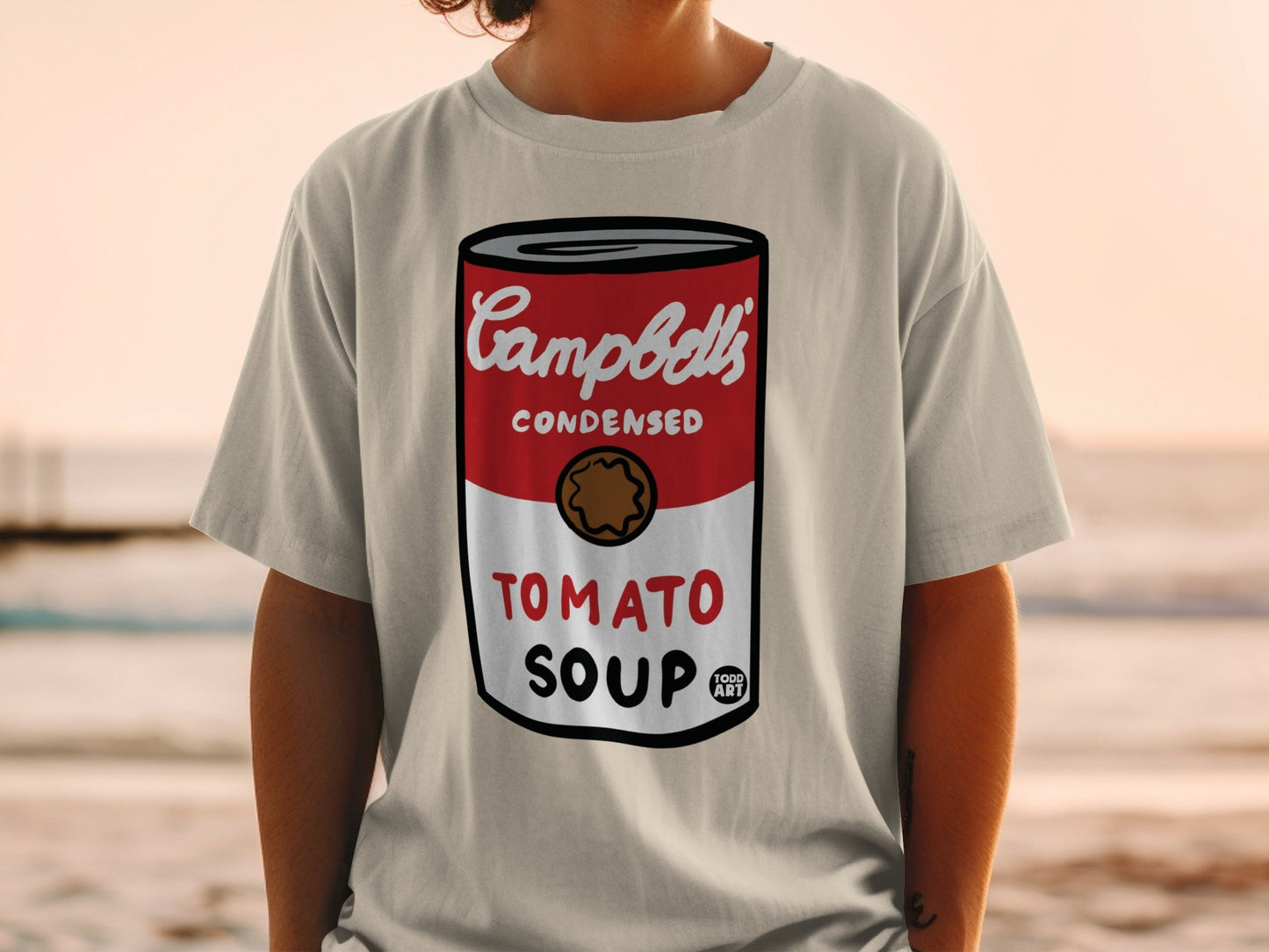 Andy Warhol's Campbell's Soup print on a white t-shirt.