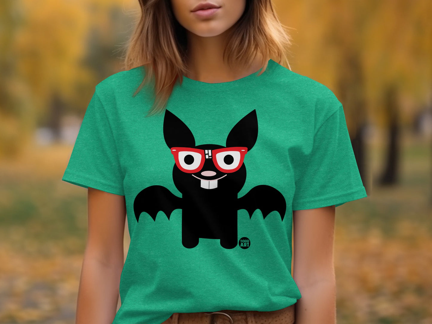 Fun Halloween Bat Graphic Tee with Red Glasses
