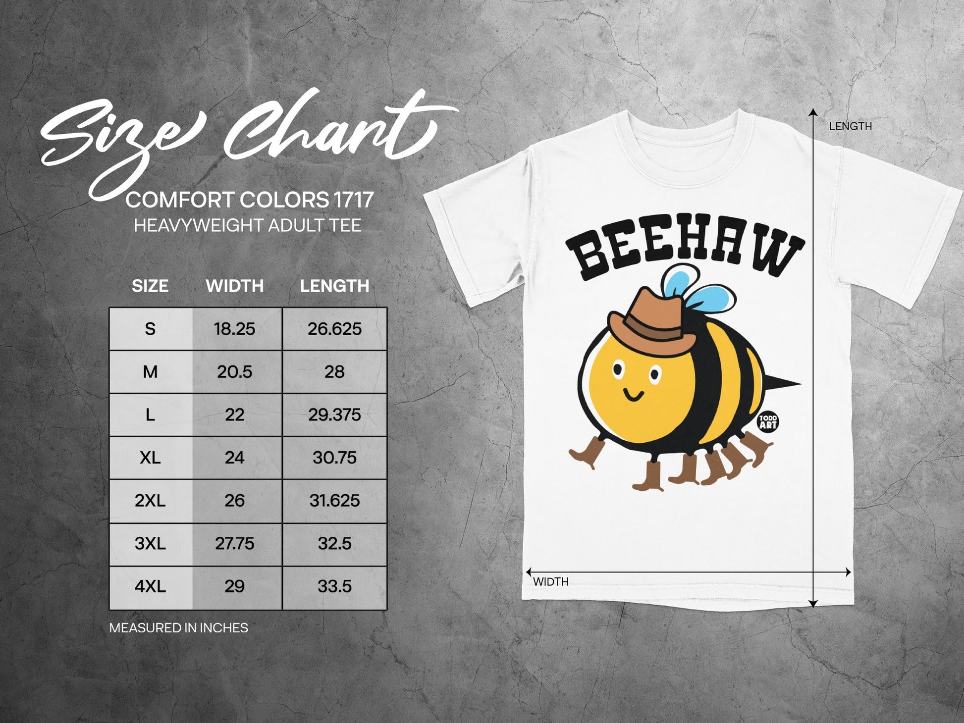 BEEHAW Cute Bee Design Adult Tee with Size Chart