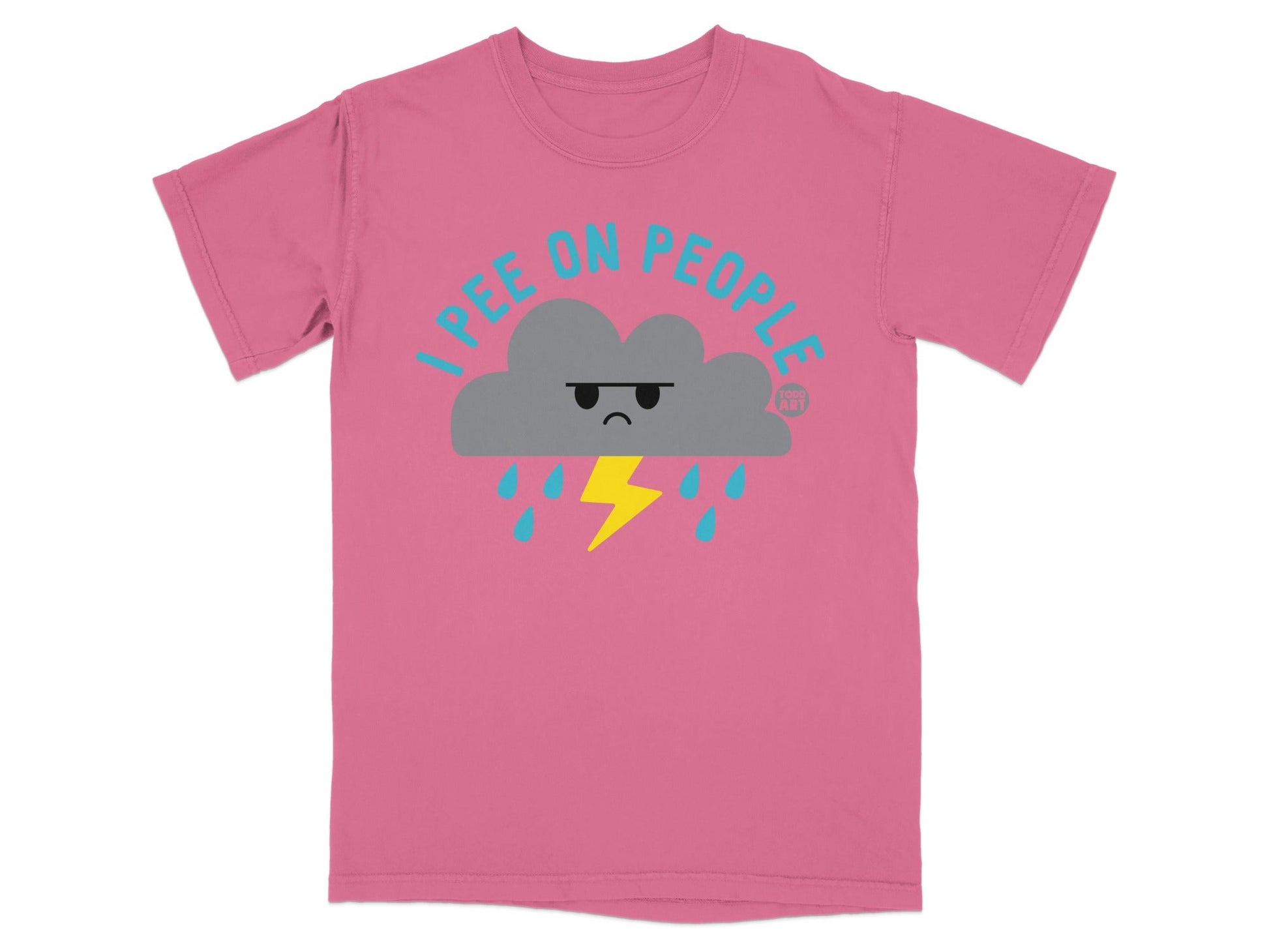 Pink t-shirt with a grumpy cloud and yellow lightning bolt graphic.