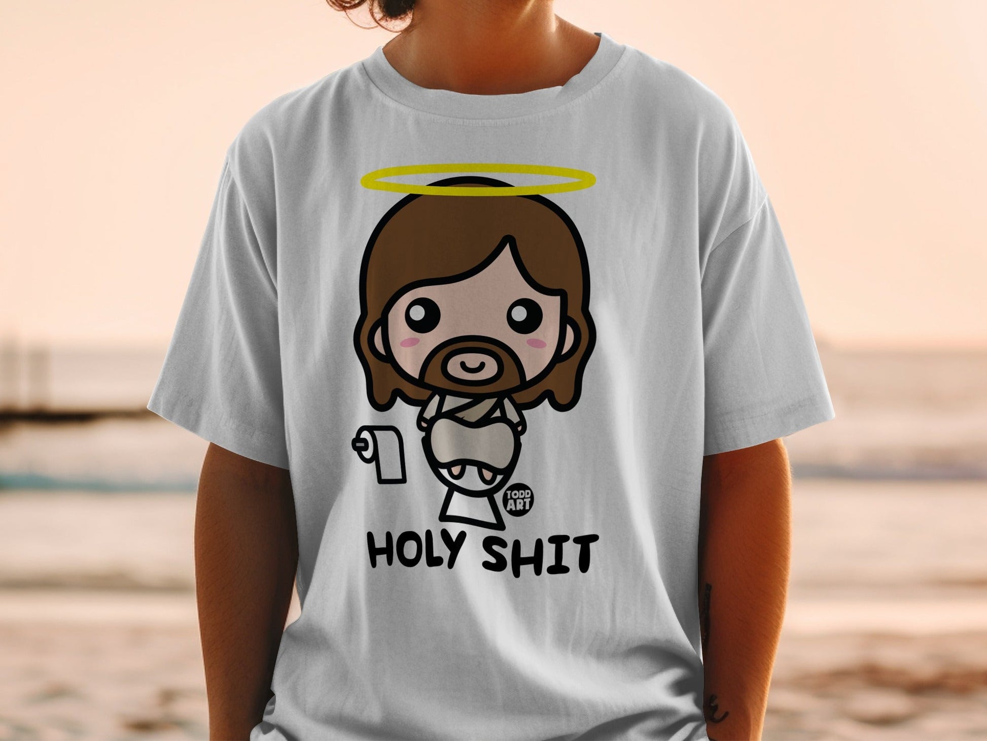 Cartoon Jesus holding toilet paper, with text "HOLY SHIT".