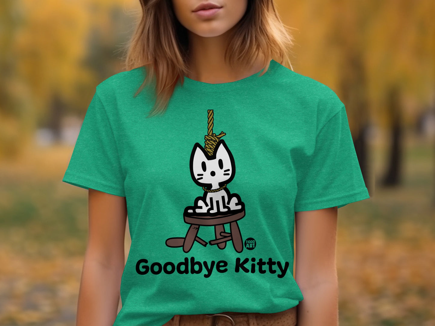 Funny Goodbye Kitty Green Graphic T-Shirt