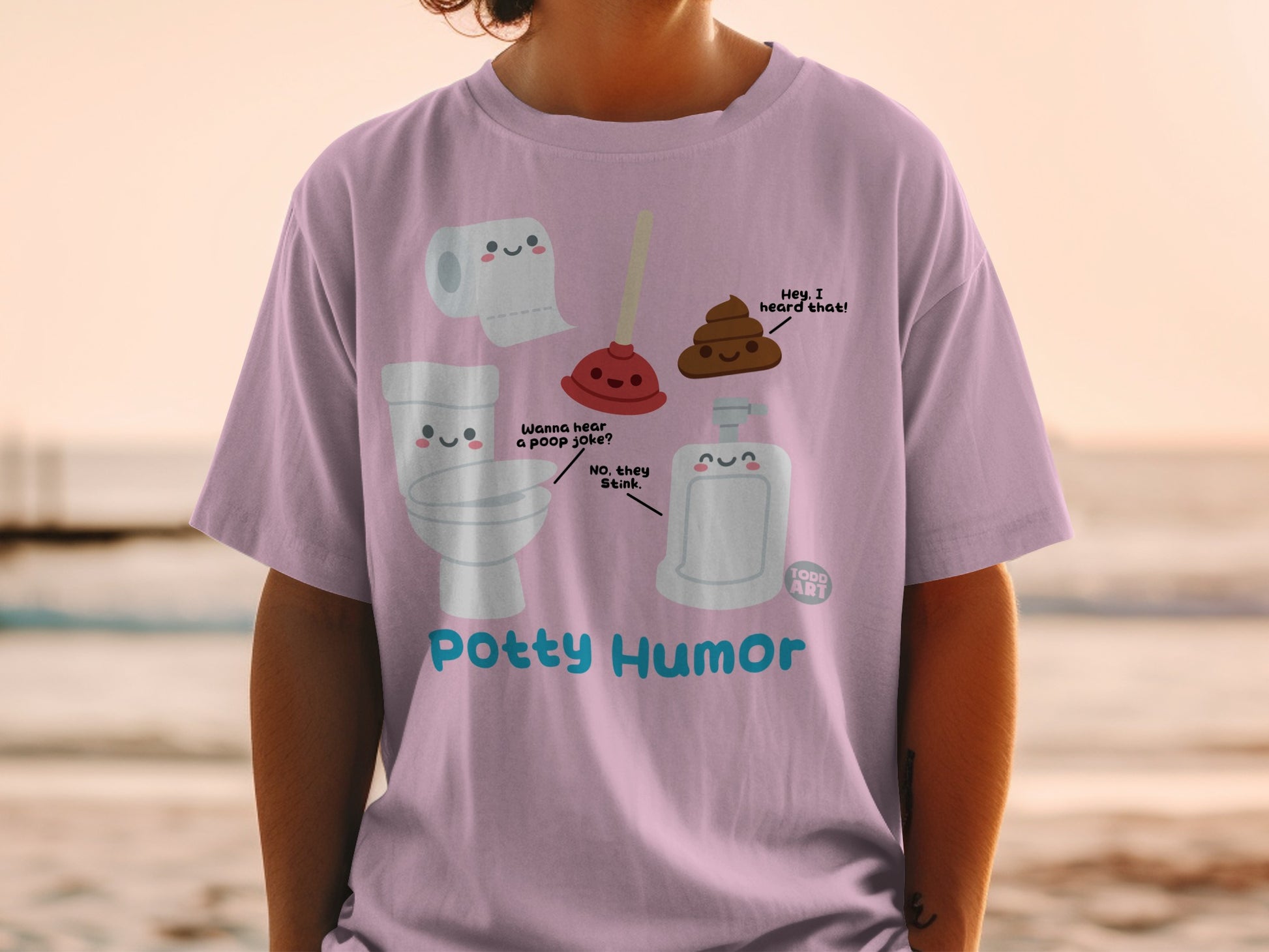 Toilet, toilet paper, plunger, and poop characters with dialogue bubbles, "Potty Humor" text.