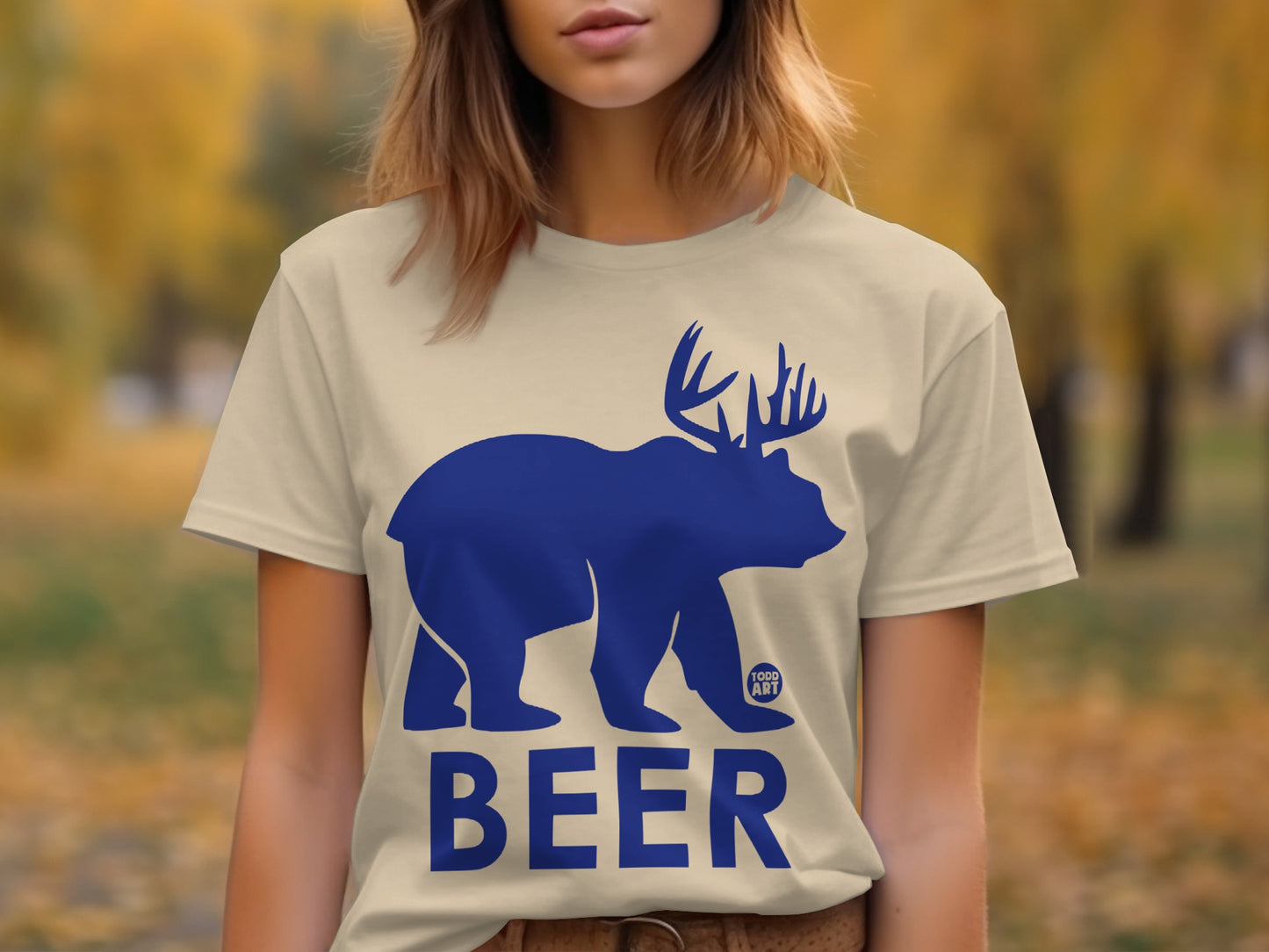 Funny Bear with Antlers Beer Graphic Tee Shirt