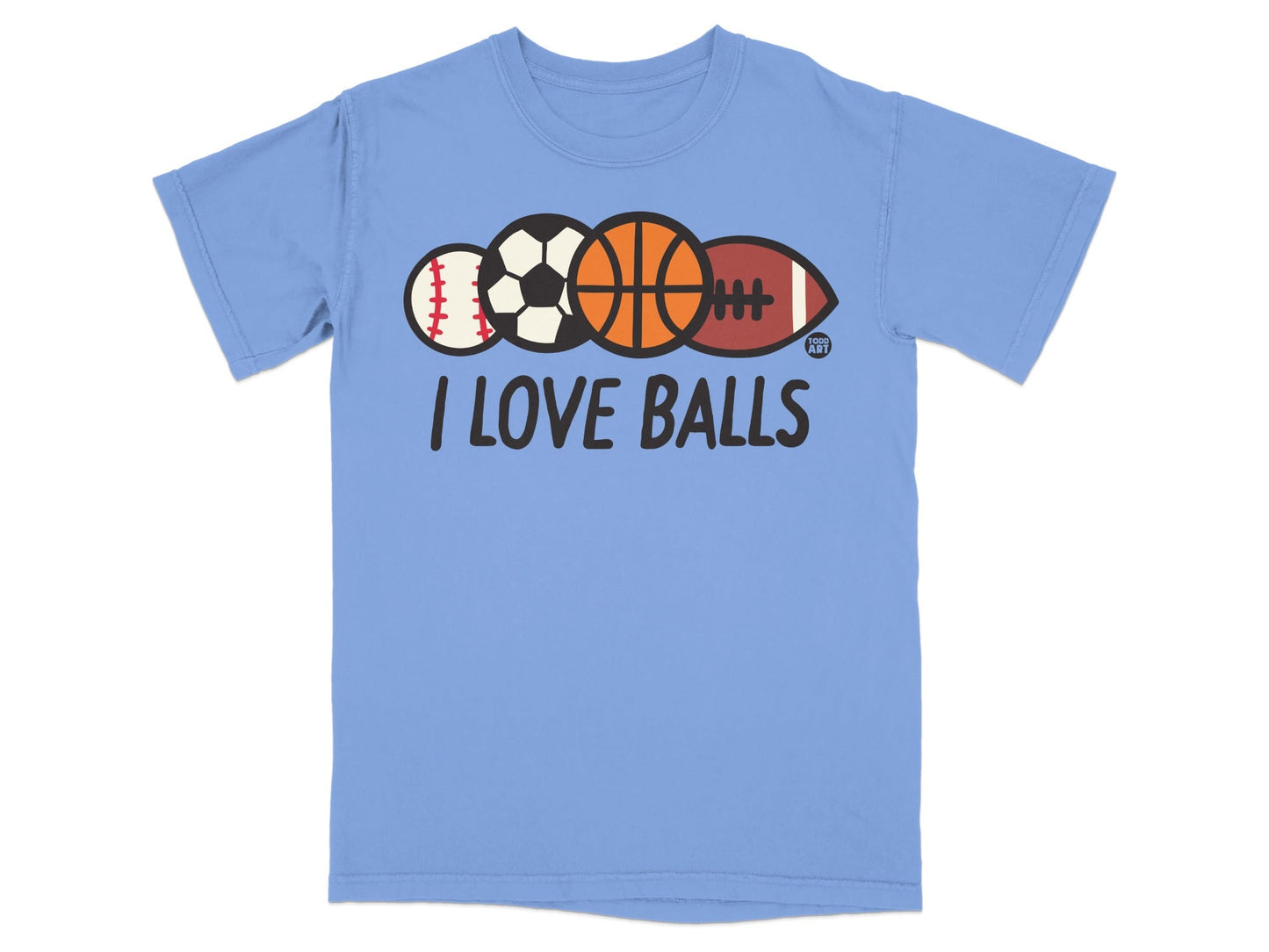Blue t-shirt with "I LOVE BALLS" and various sports balls.