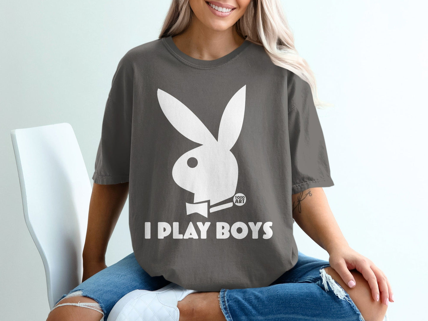 Gray t-shirt with white Playboy bunny logo and text "I PLAY BOYS".