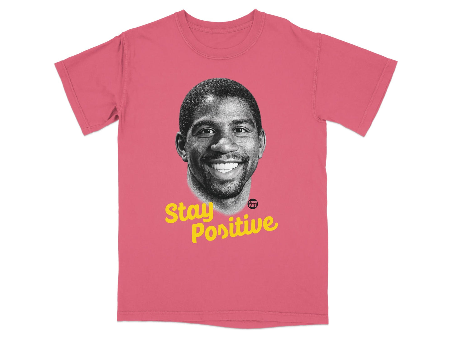 Magic Johnson portrait on a coral t-shirt with "Stay Positive" text.