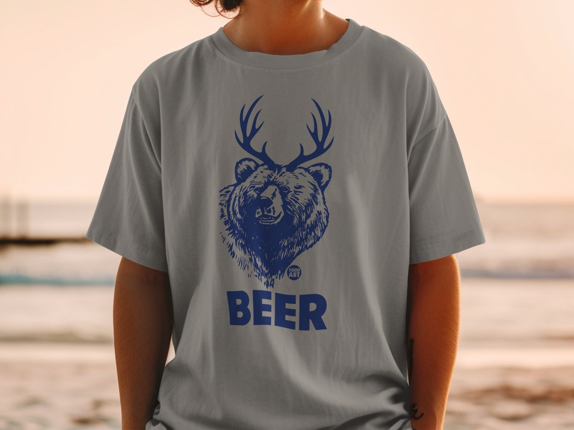 Unique Antlered Bear Graphic Beer Tee Shirt