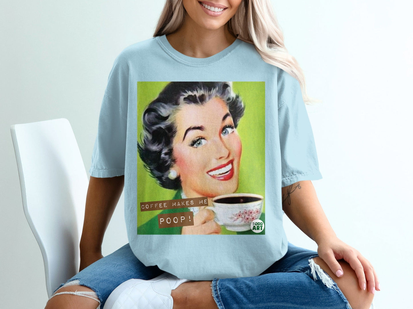 Retro woman smiles, holding coffee cup with "COFFEE MAKES ME POOP!" text.