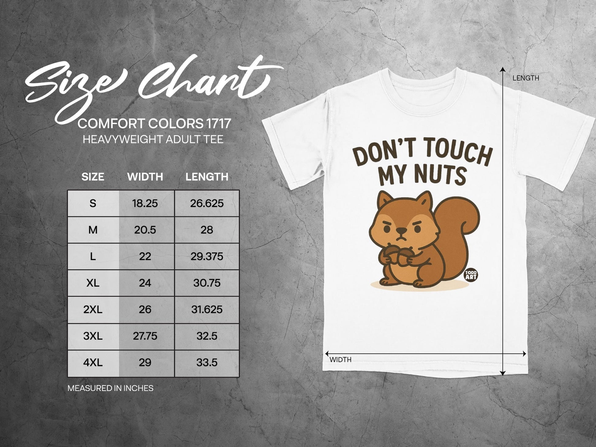 Comfort Colors 1717 heavyweight adult tee size chart with squirrel graphic.