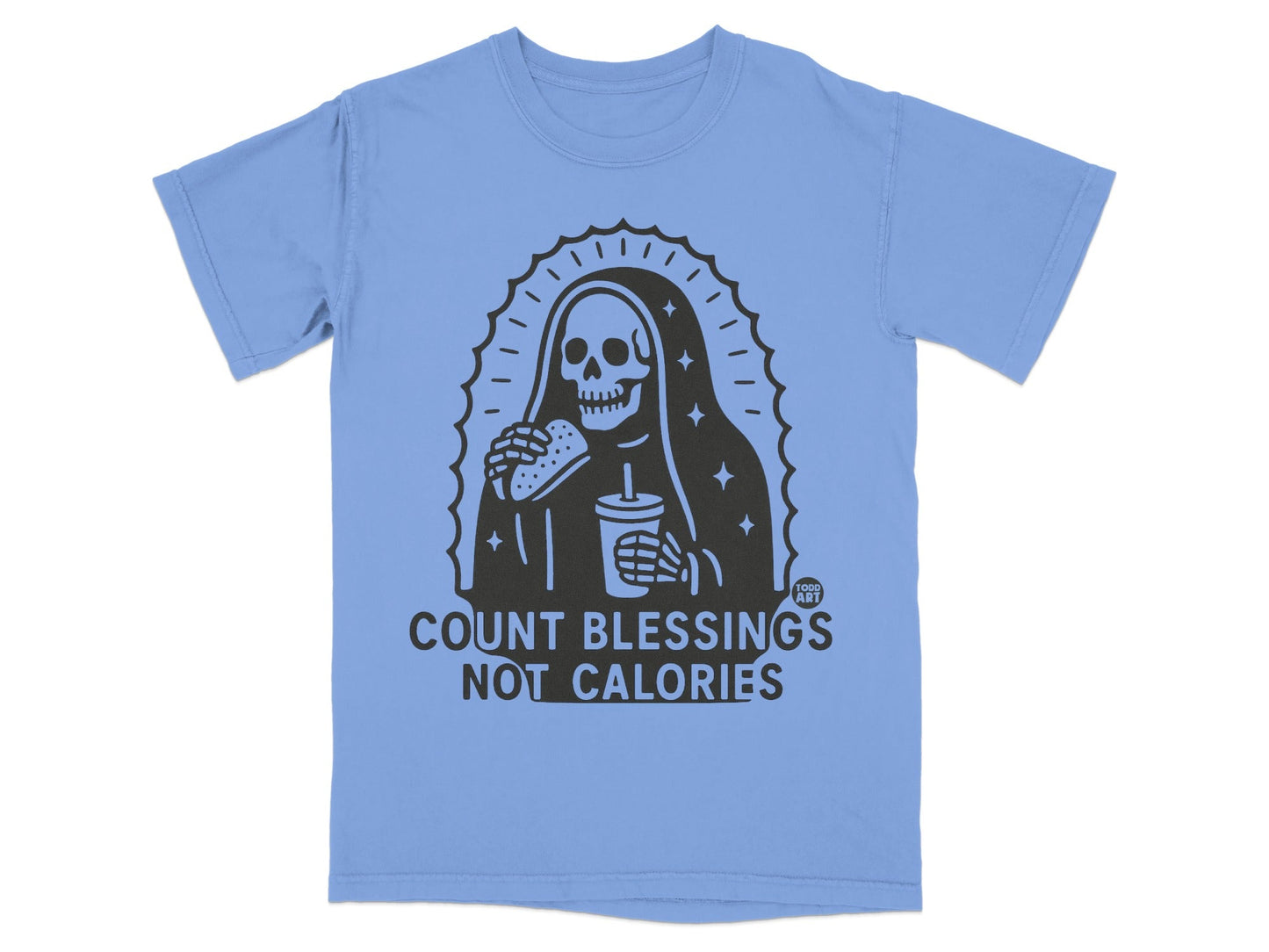T-shirt with Grim Reaper eating burger and holding drink, text "COUNT BLESSINGS NOT CALORIES".