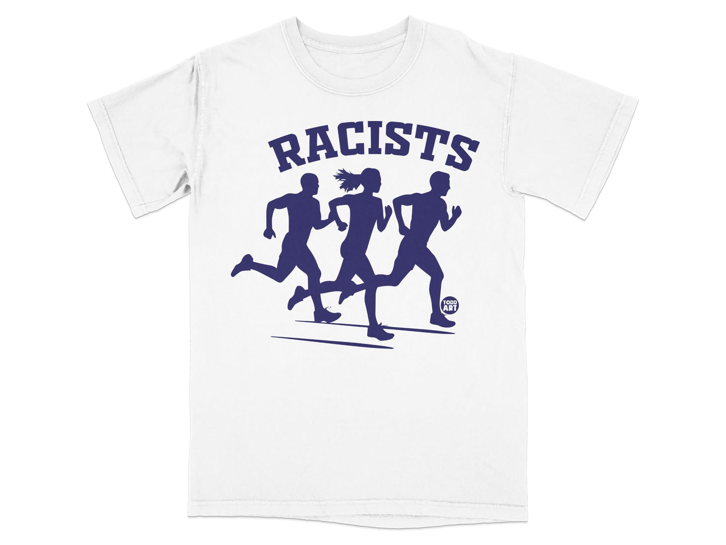 White t-shirt with dark blue graphic of three running figures and "FOOD ART" logo.