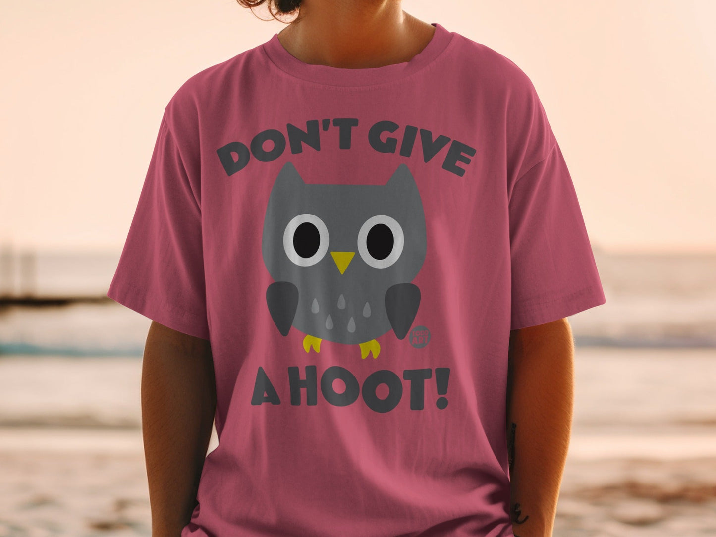 Dark grey t-shirt with a cartoon owl and text "DON'T GIVE A HOOT!".