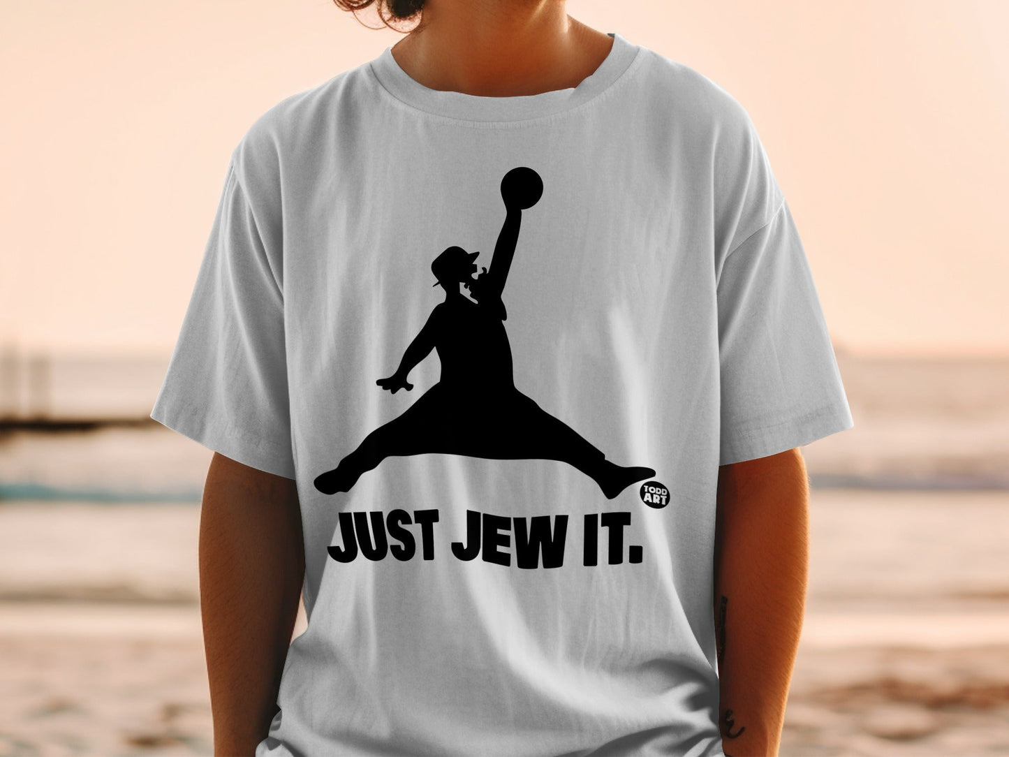 Black silhouette of a jumping man in a hat, with "JUST JEW IT." text.