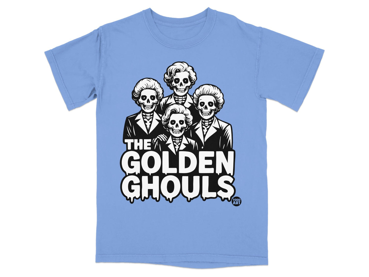 Light blue t-shirt with "The Golden Ghouls" logo featuring four skeleton heads.